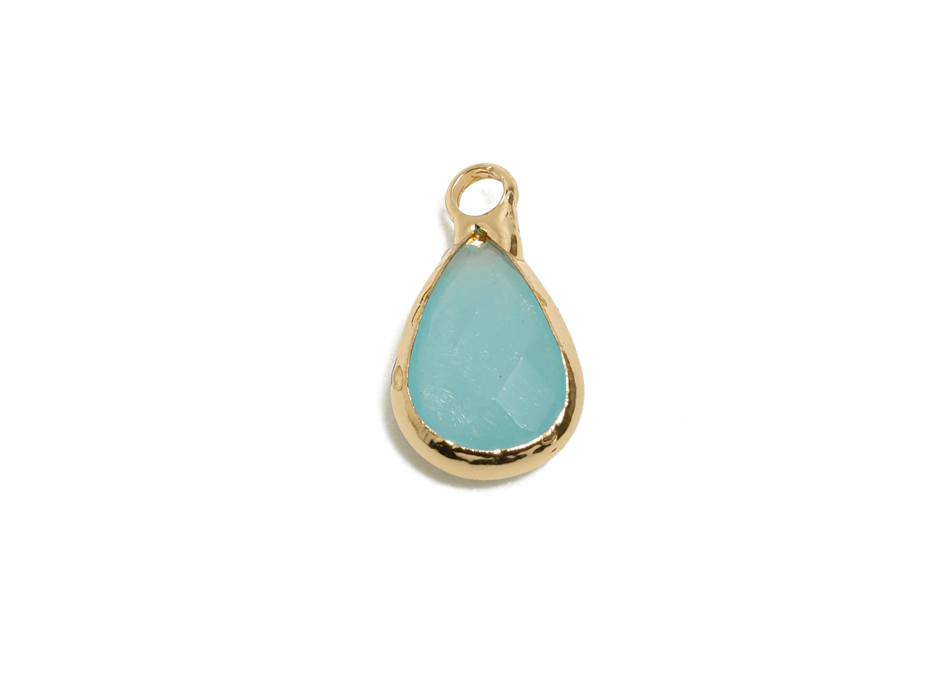 Teardrop Glass Charms - Brass Blue Faceted Glass Pendant - Romantic Teardrop Jewelry - Gold Tone Plated Brass - 13.75x7.8x3.7mm - AC3657 - DOMEDBAZAAR