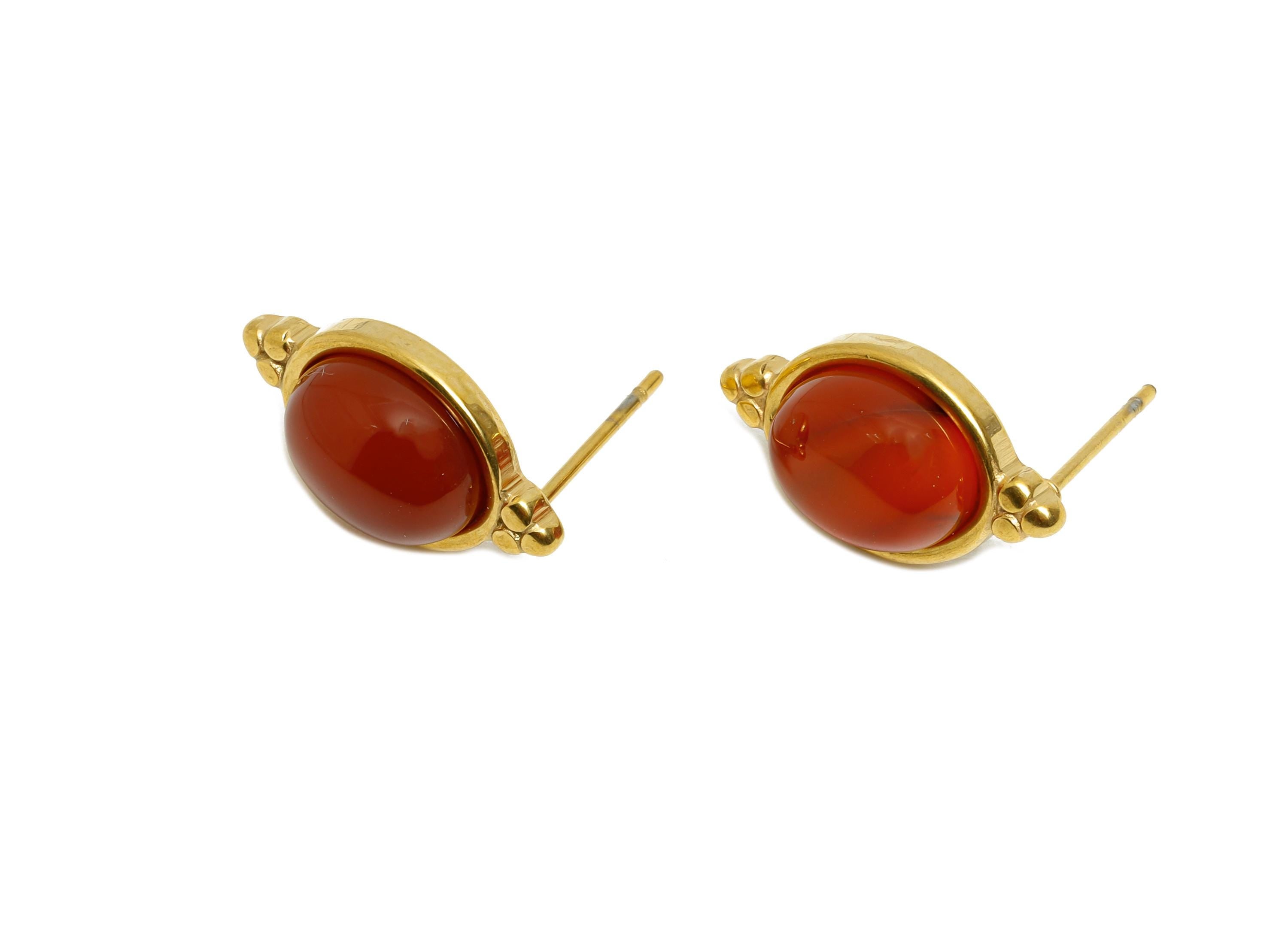 Steel Red Agate Stud Earring - Vintage Look Red Gemstone Stud Earring - Oval Cabochon Earring - 24K Real Vacuum Plating - 17x10x5mm - SS2779 - DOMEDBAZAAR
