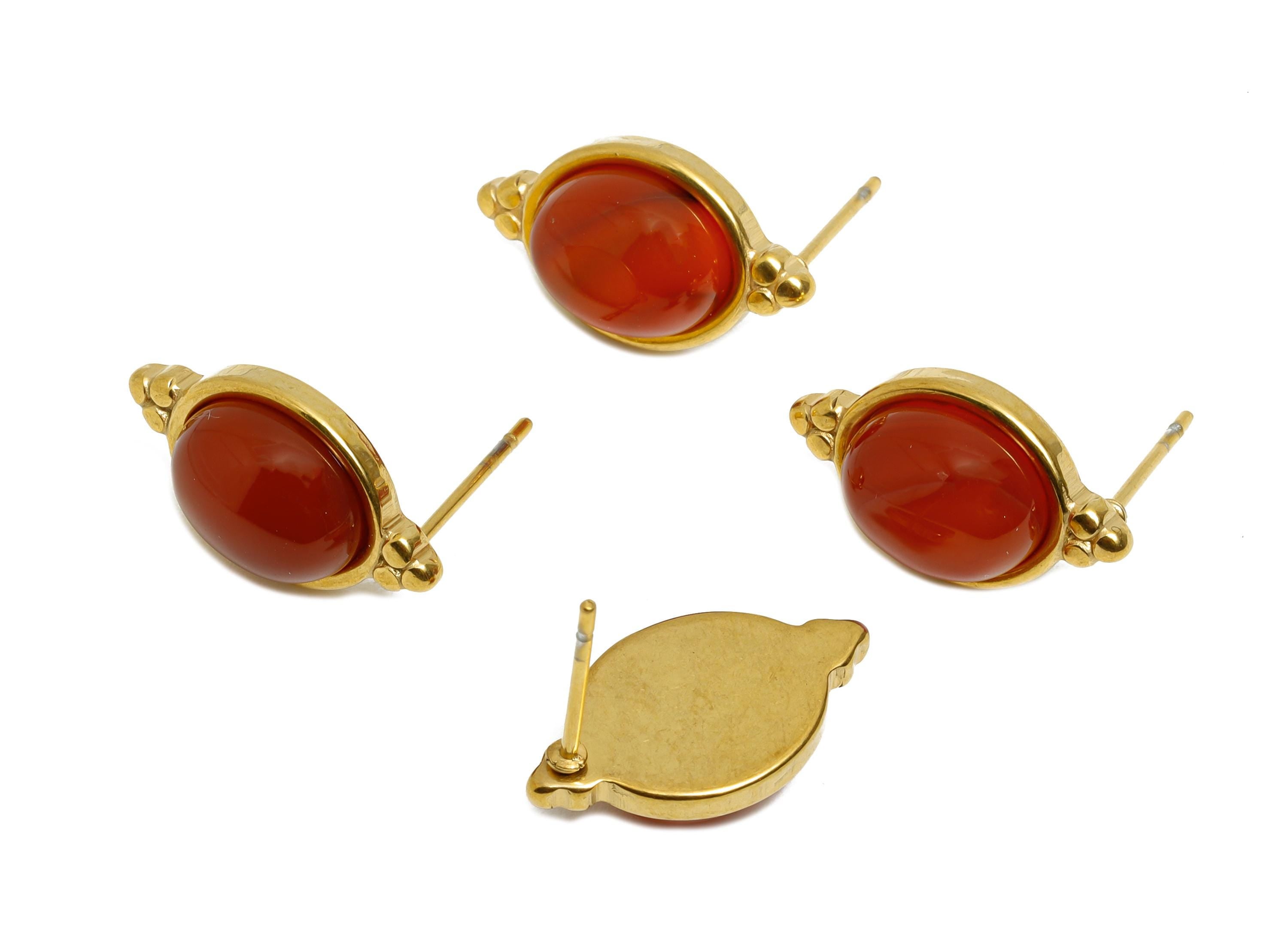 Steel Red Agate Stud Earring - Vintage Look Red Gemstone Stud Earring - Oval Cabochon Earring - 24K Real Vacuum Plating - 17x10x5mm - SS2779 - DOMEDBAZAAR