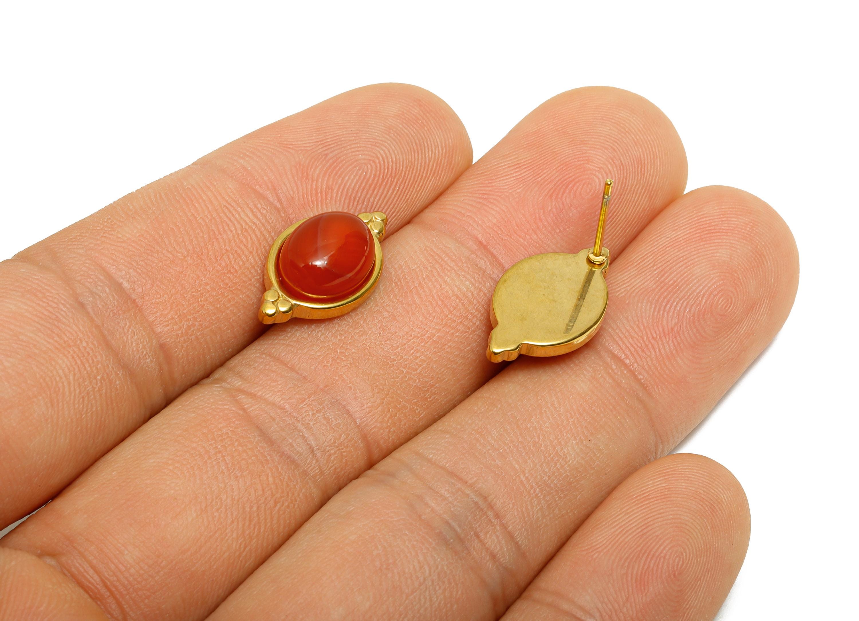 Steel Red Agate Stud Earring - Vintage Look Red Gemstone Stud Earring - Oval Cabochon Earring - 24K Real Vacuum Plating - 17x10x5mm - SS2779 - DOMEDBAZAAR