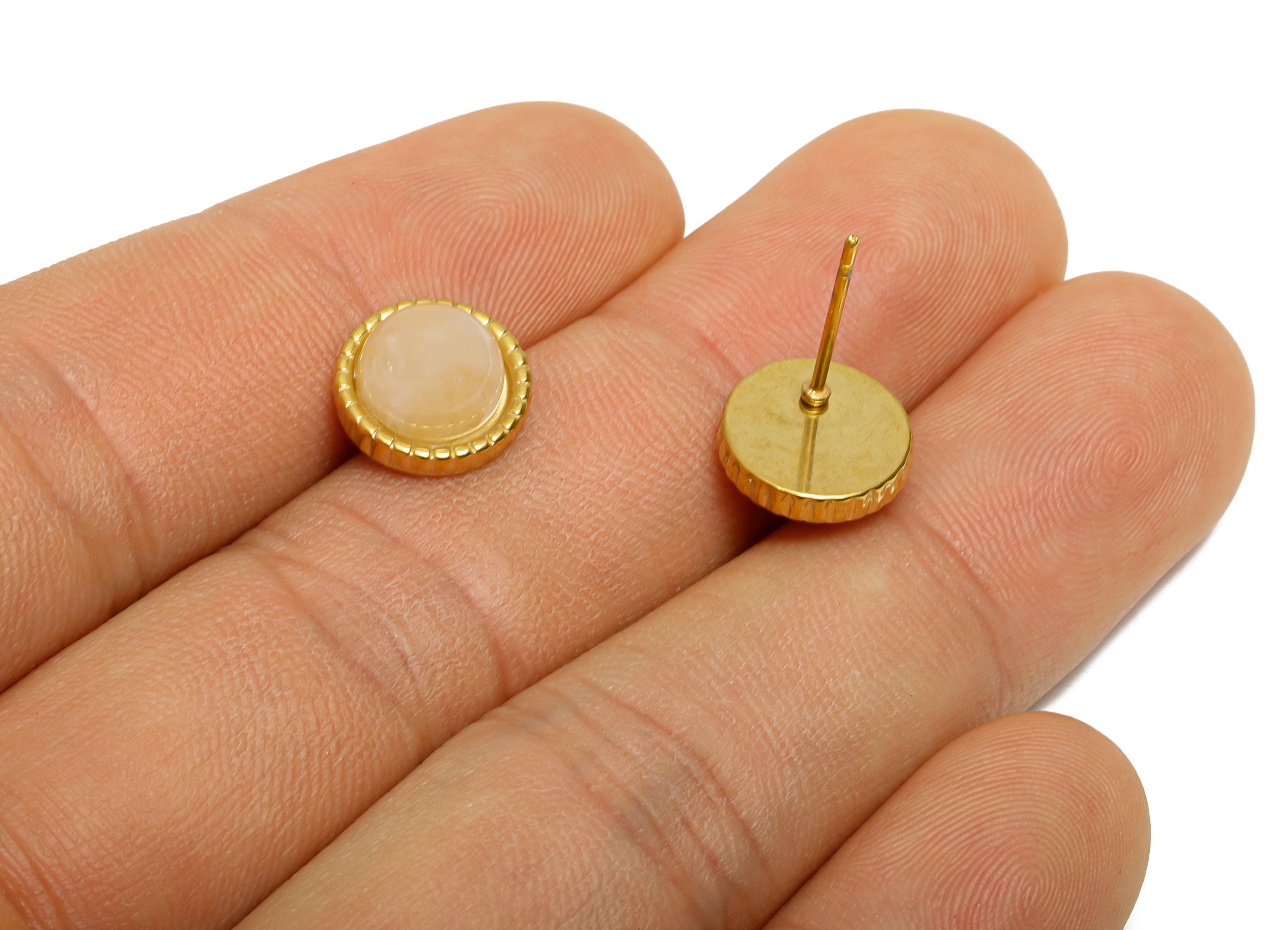 Steel Pink Quartz Stud Earring - Vintage Look Gemstone Stud Earring - Classic Cabochon Earring - 24K Real Vacuum Plating - 10x10x5mm -SS2783 - DOMEDBAZAAR