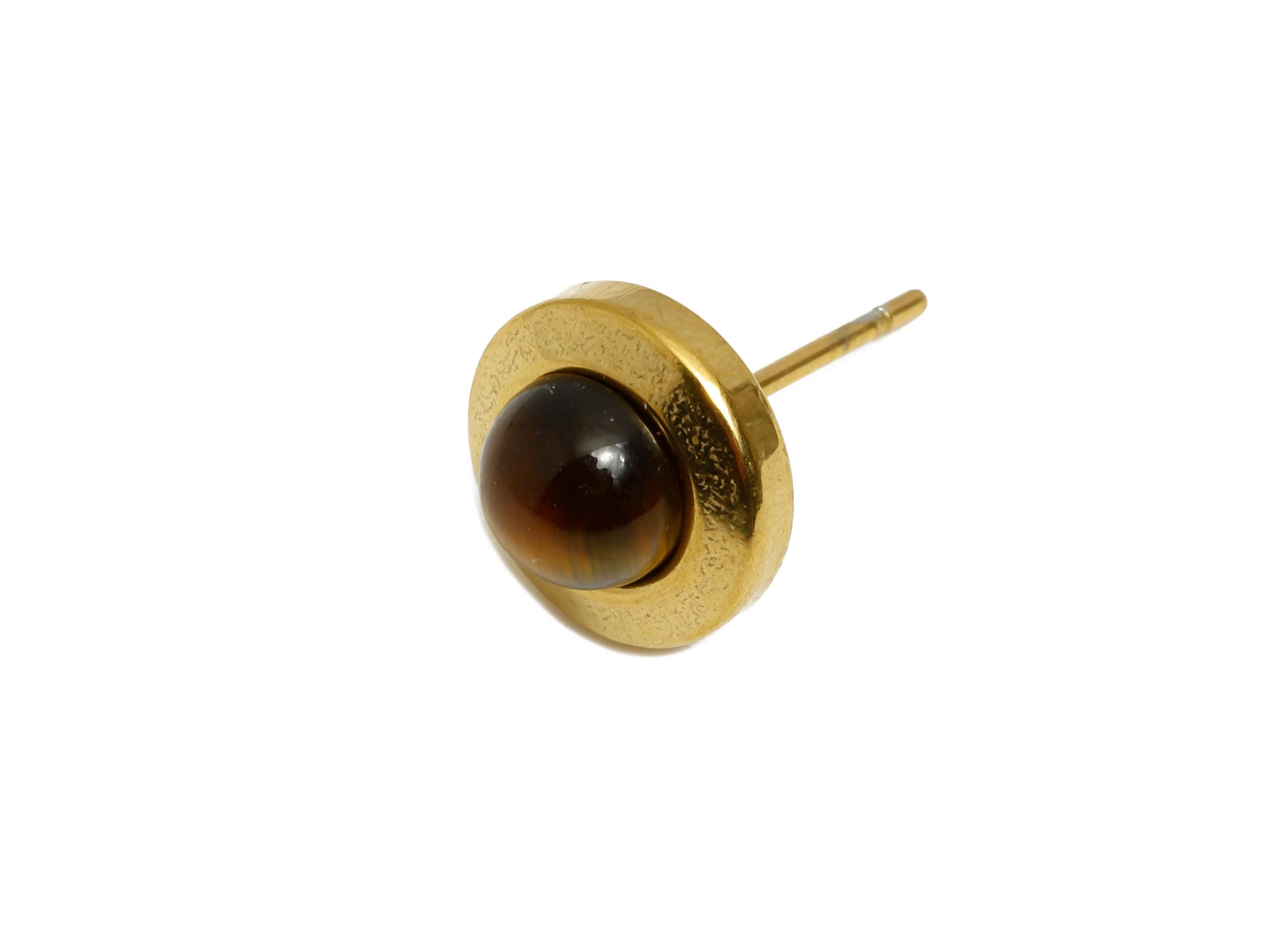 Steel Tiger Eye Stone Stud Earring - Vintage Look Gemstone Stud Earring - Cabochon Earring - 24K Real Vacuum Plating - 10x10x5.94mm - SS2782 - DOMEDBAZAAR