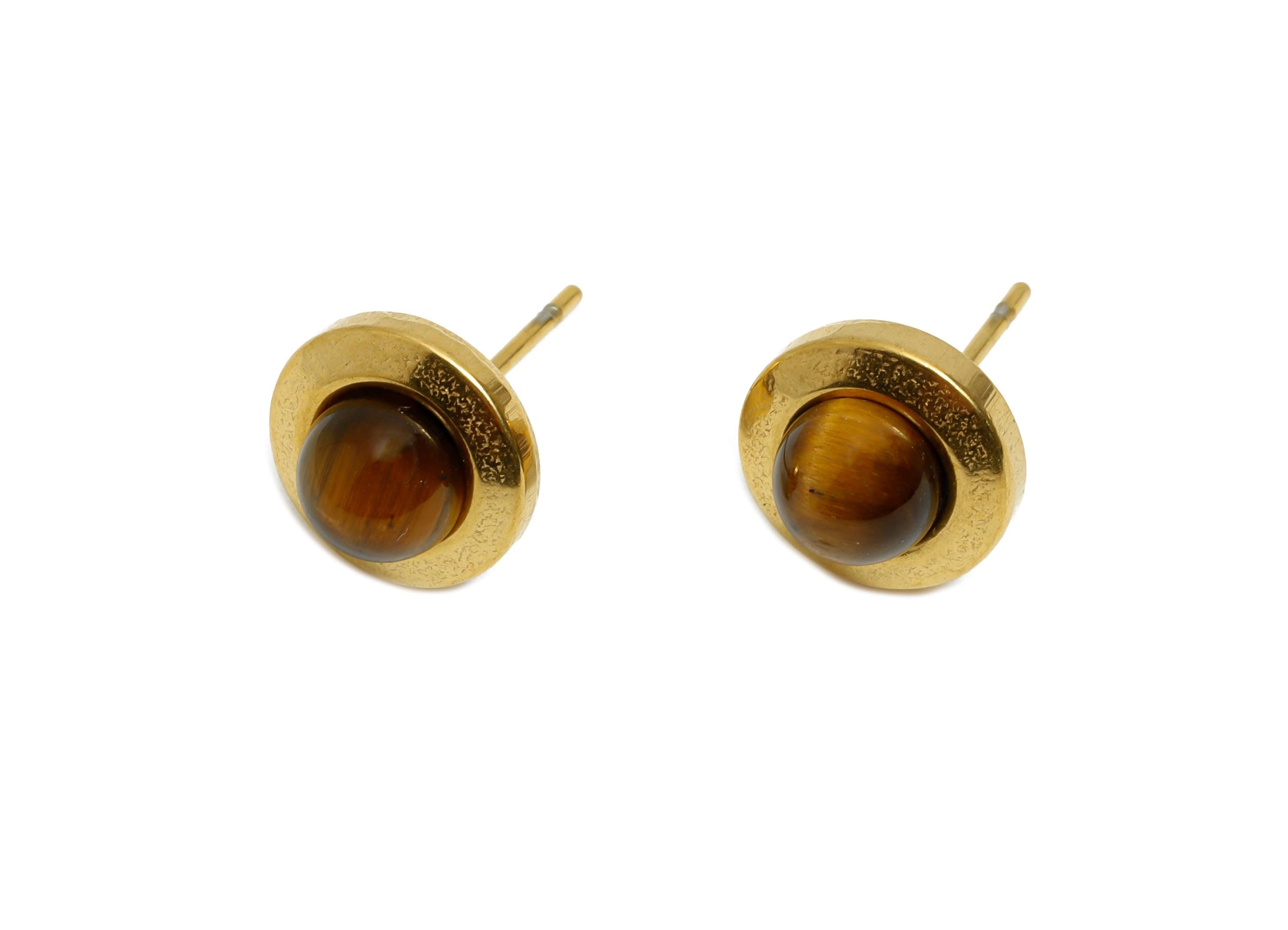 Steel Tiger Eye Stone Stud Earring - Vintage Look Gemstone Stud Earring - Cabochon Earring - 24K Real Vacuum Plating - 10x10x5.94mm - SS2782 - DOMEDBAZAAR