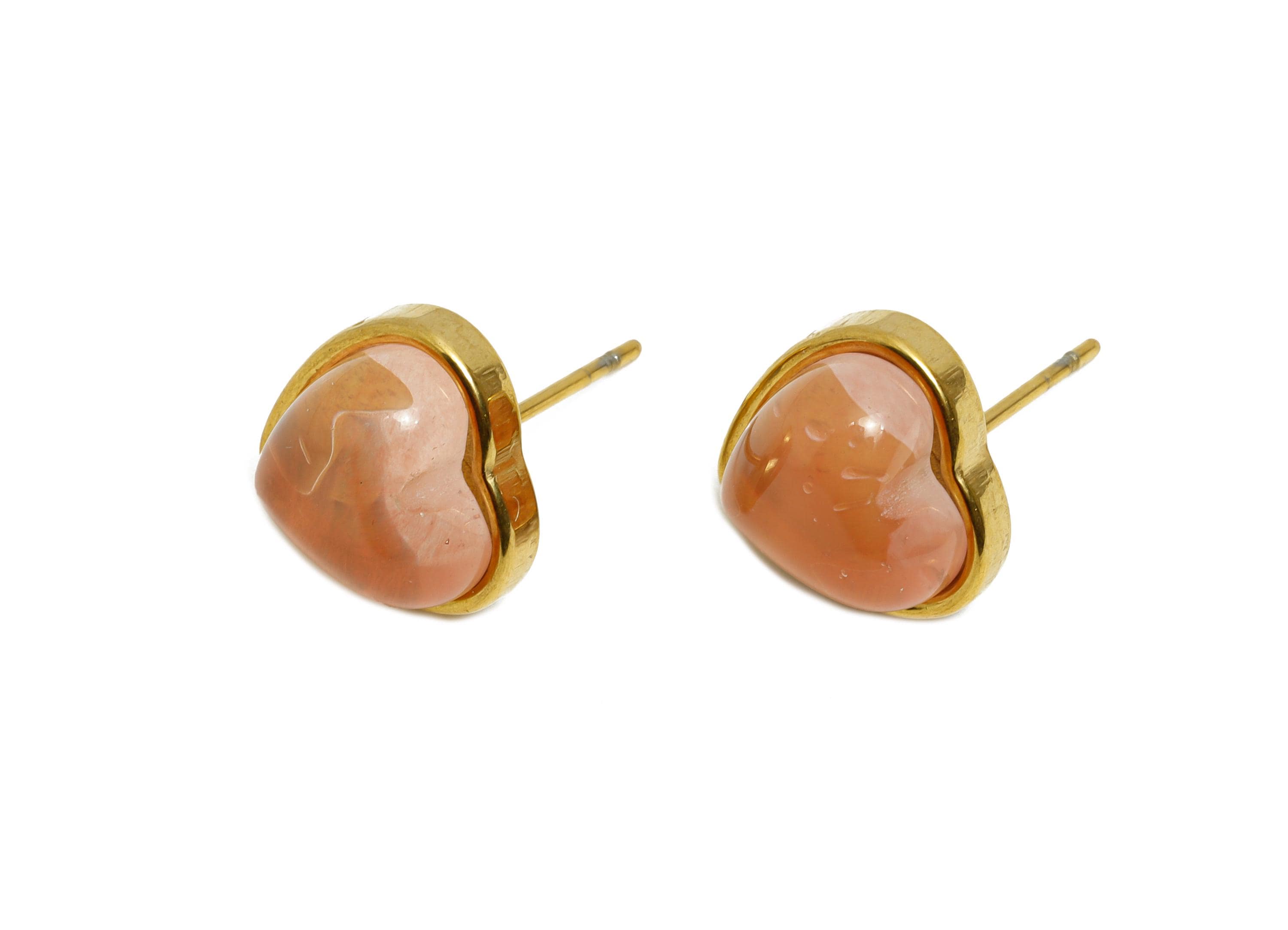 Steel Rose Quartz Stud Earring - Heart Cabochon Earring - Vintage Look Gemstone Stud Earring - 24K Real Vacuum Plating - 12x12x7mm - SS2775 - DOMEDBAZAAR