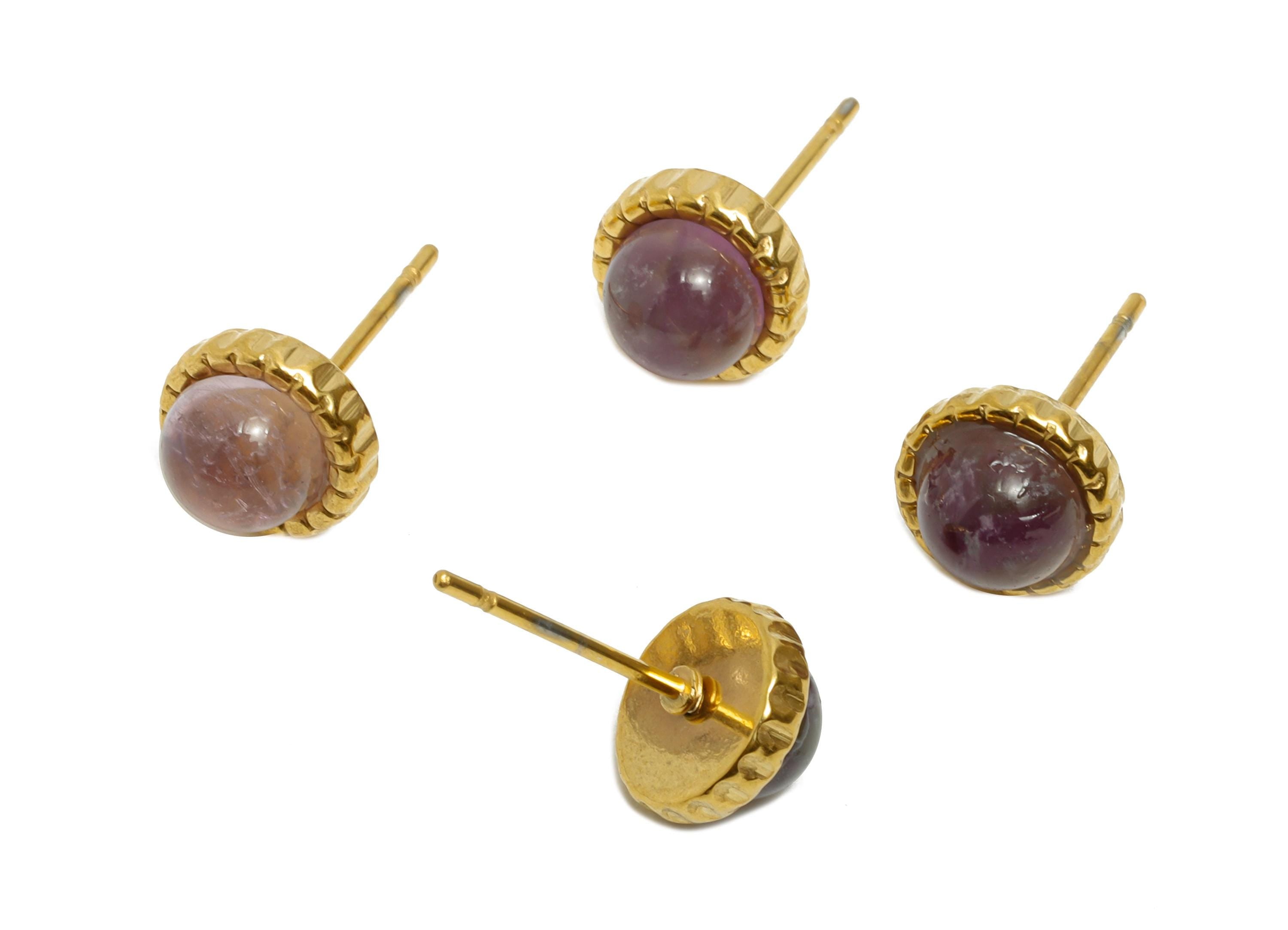 Steel Amethyst Stone Stud Earring - Vintage Dainty Gemstone Stud Earring - Cabochon Earring - 24K Real Vacuum Plating - 8.12x8x5mm - SS2784 - DOMEDBAZAAR
