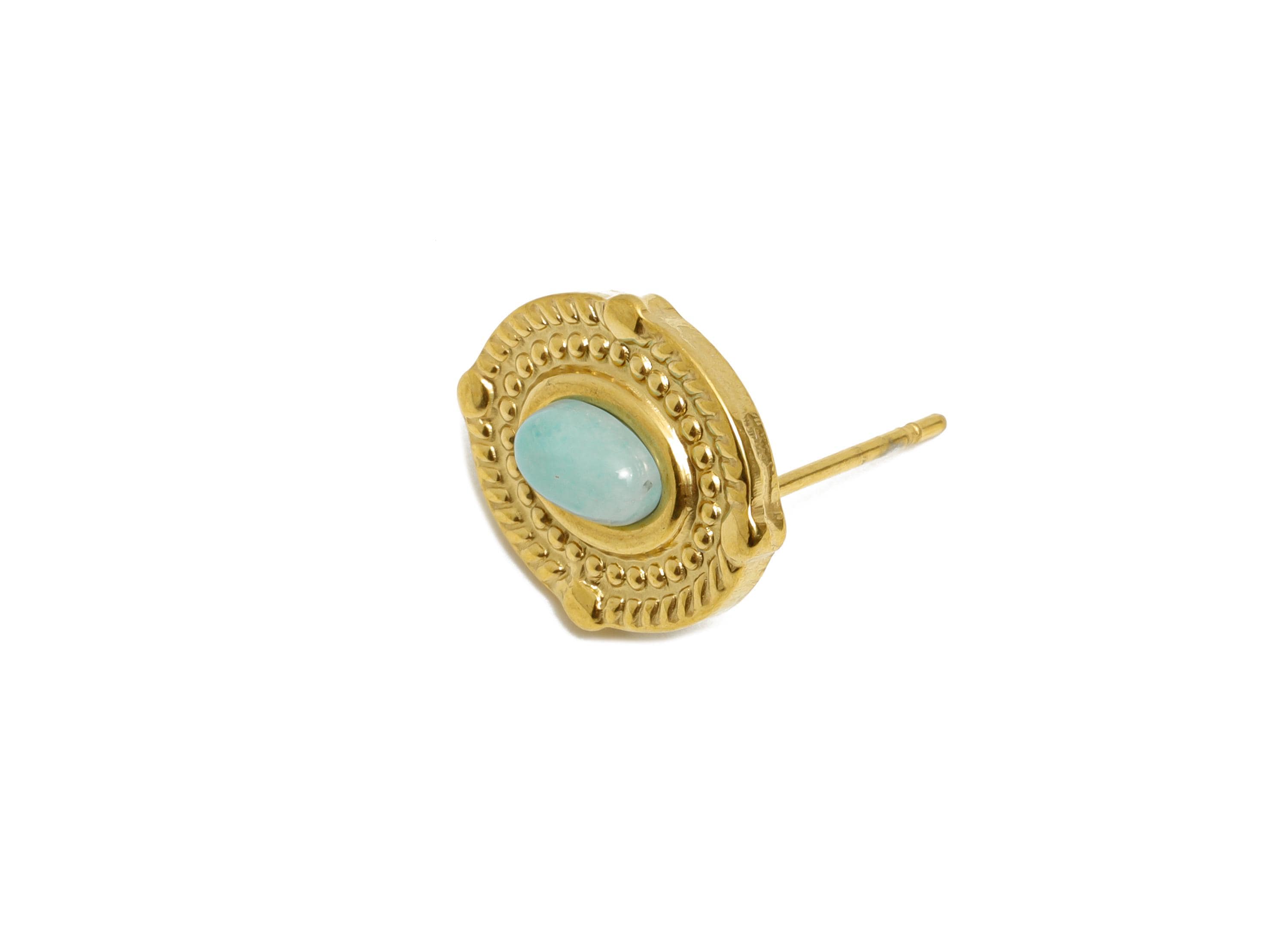 Steel Aventurine Stone Stud Earring - Vintage Look Stud Earring - Antique Cabochon Earring - 24K Real Vacuum Plating - 15.1x126x4mm - SS2780 - DOMEDBAZAAR