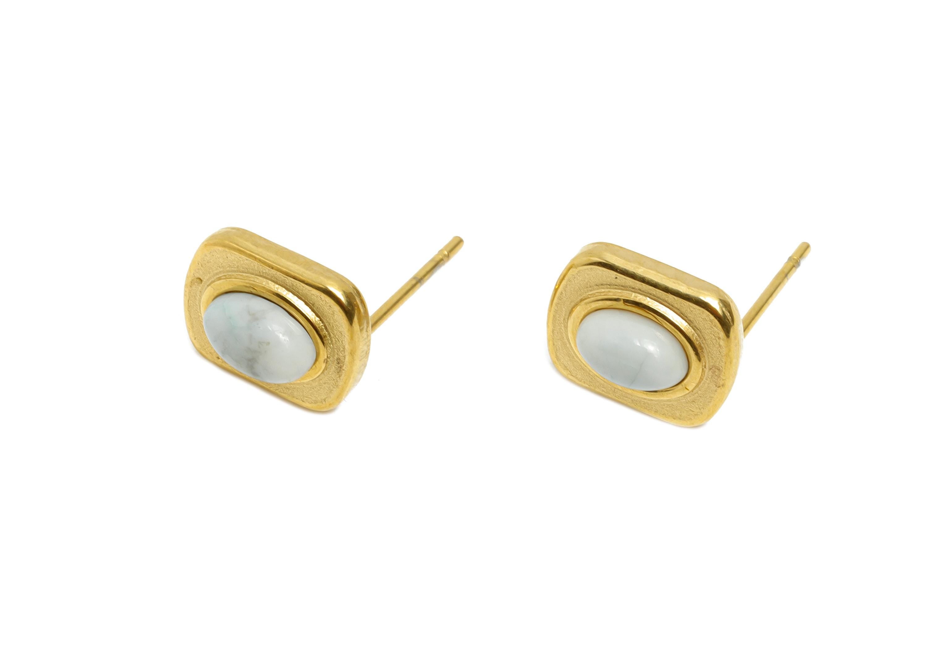 Steel Aquamarine Morganite Stone Earring - Vintage Stud Earring - Antique Cabochon Earring - 24K Real Vacuum Plating - 10.88x8x4mm - SS2781 - DOMEDBAZAAR