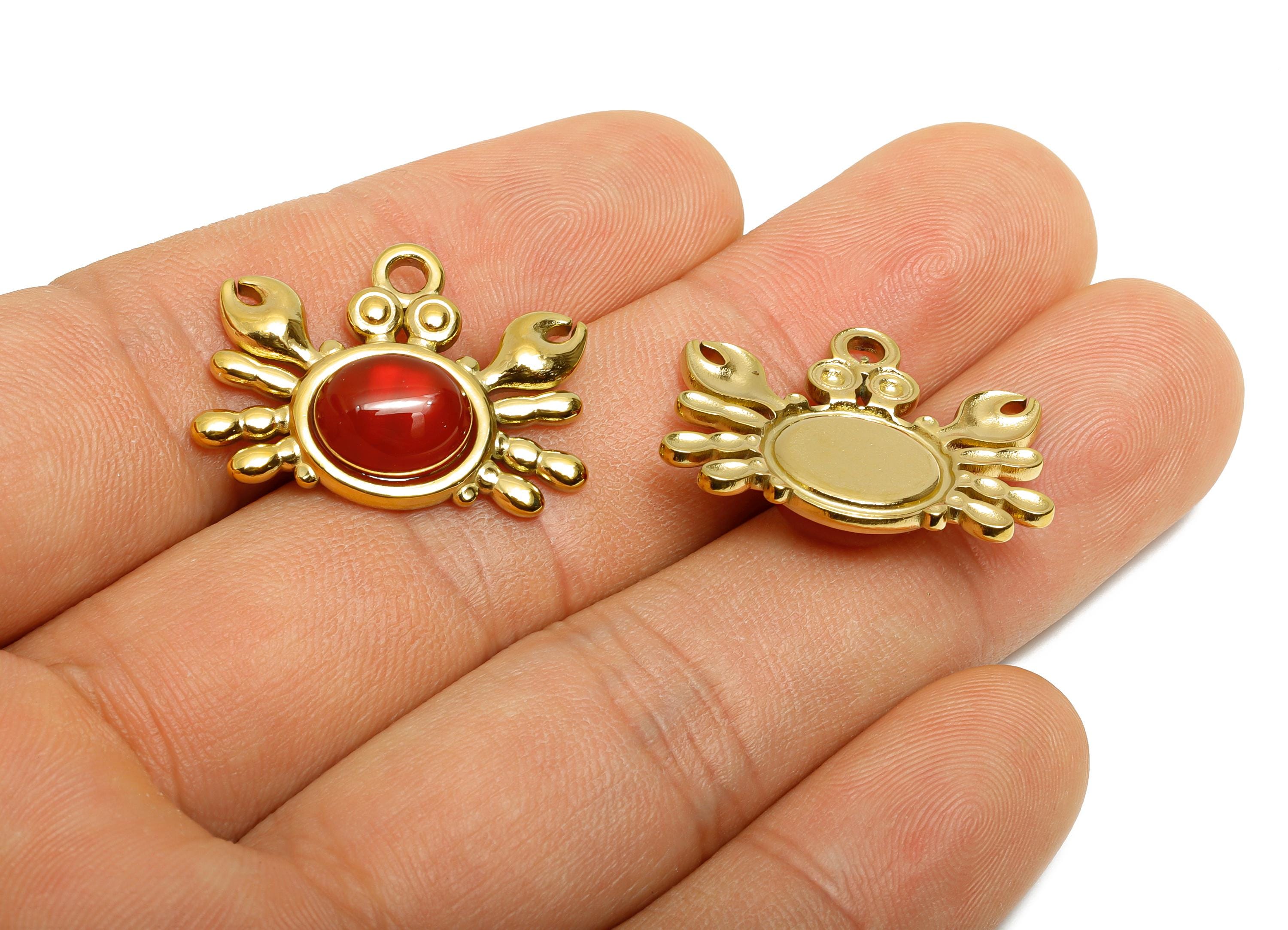 Steel Crab Pendant Charm - Red Agate Stone Vintage Pendant - Marine Life Steel Gemstone Charm - 24K Real Vacuum Plating - 19x24x5mm - SS2778 - DOMEDBAZAAR