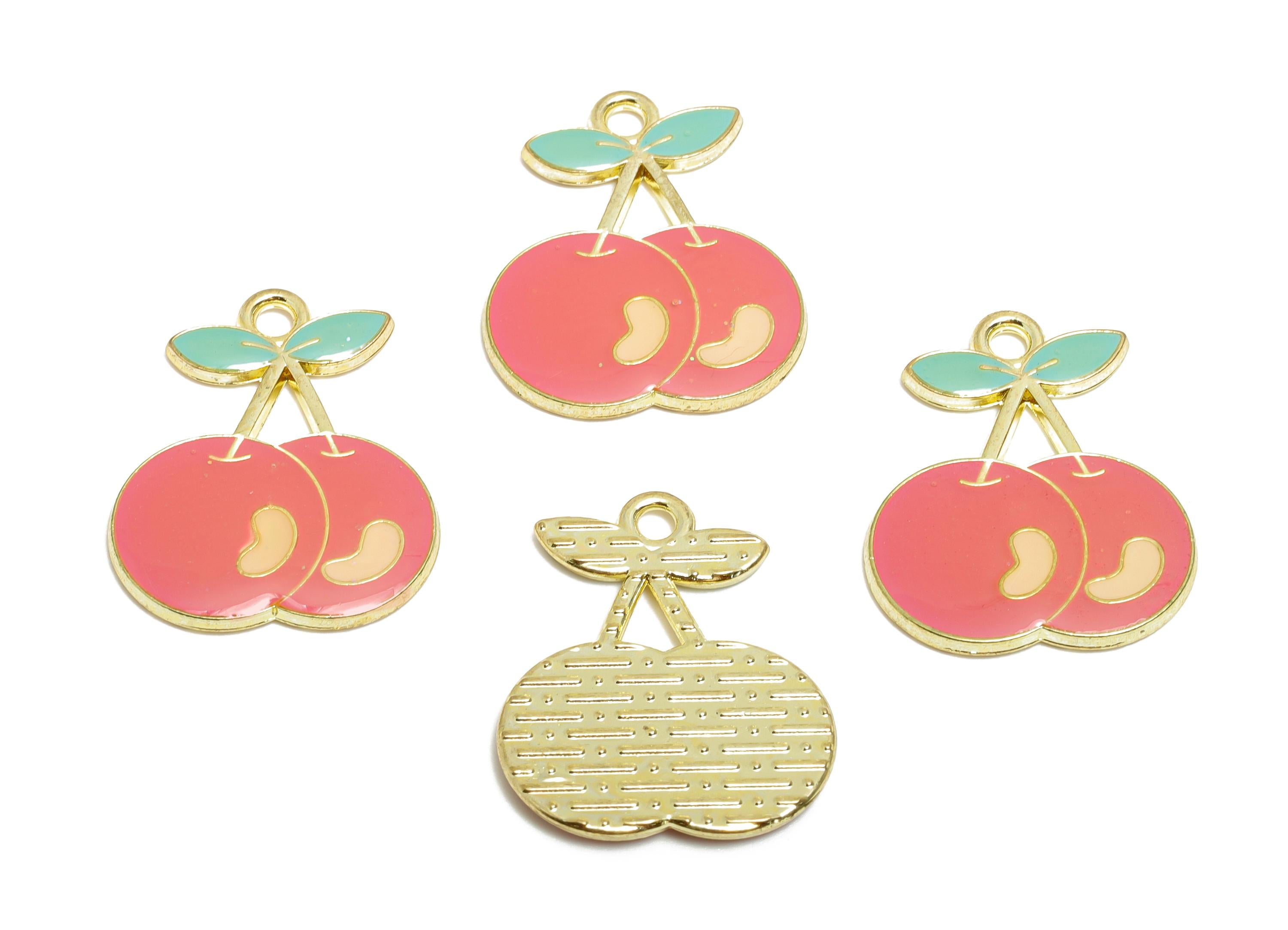 Alloy Pink Enamel Cherry Pendant - Colorful Kawaii Jewelry Accessory - Enamel Fruit Accessory - Craft Jewelry Making - 10x8x4.94mm - AC3580C