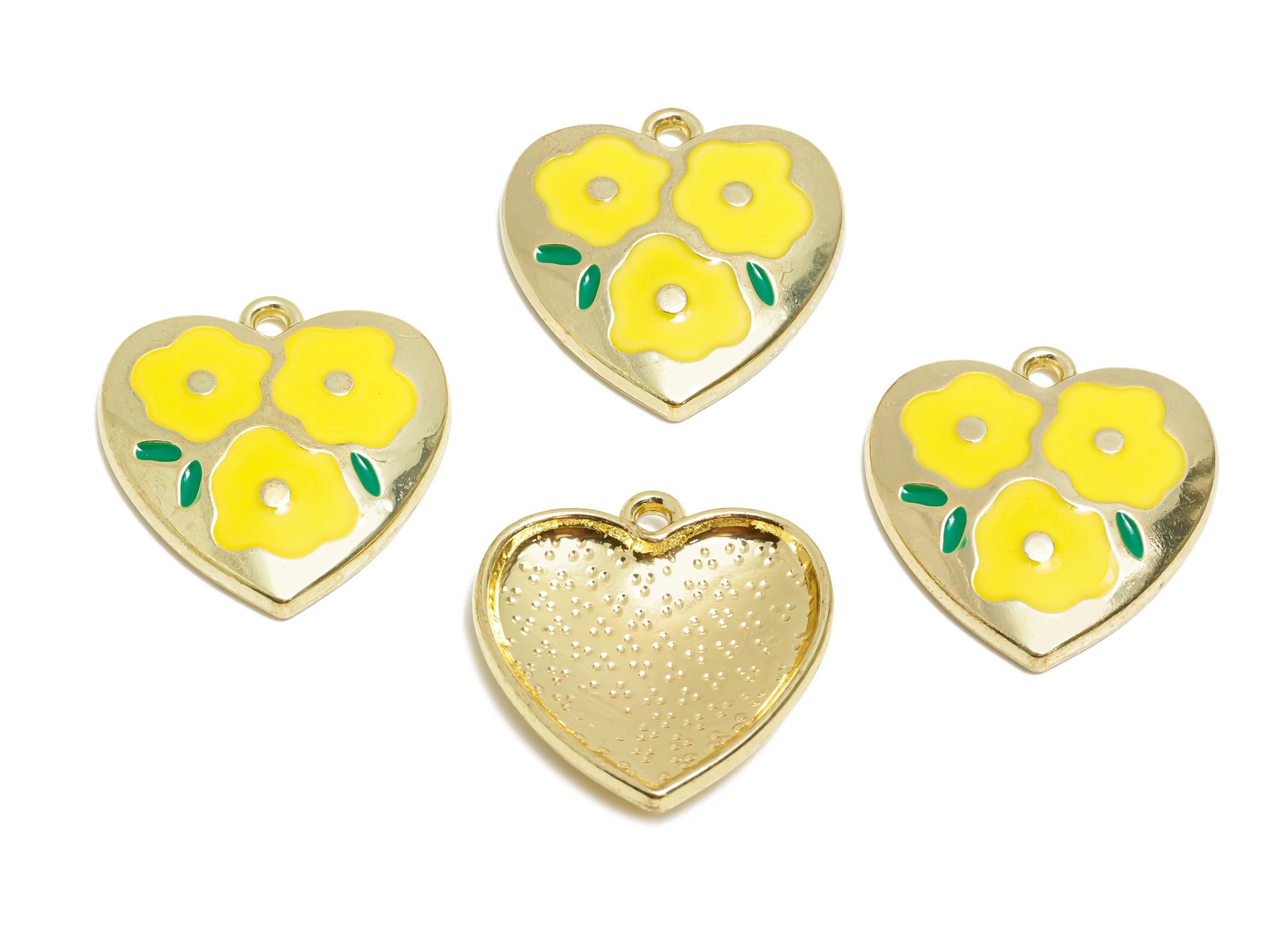 Alloy Enamel Flower Pendant - Colorful Heart Yellow Floral Jewelry - Romantic Heart Pendant - Craft Jewelry Making - 19x18x3.32mm - AC3577A