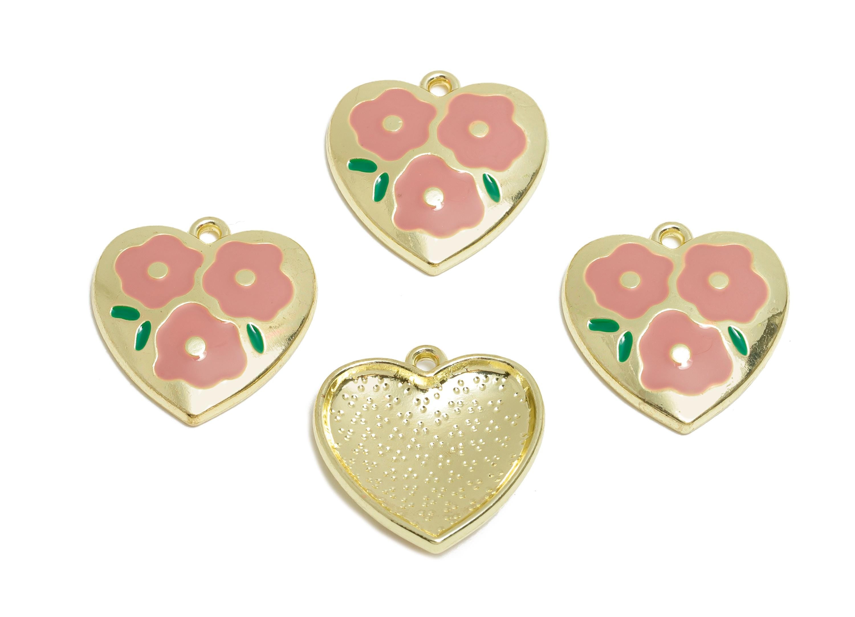 Alloy Enamel Flower Pendant - Colorful Heart Pink Floral Jewelry - Romantic Heart Pendant - Craft Jewelry Making - 19x18x3.32mm - AC3577B