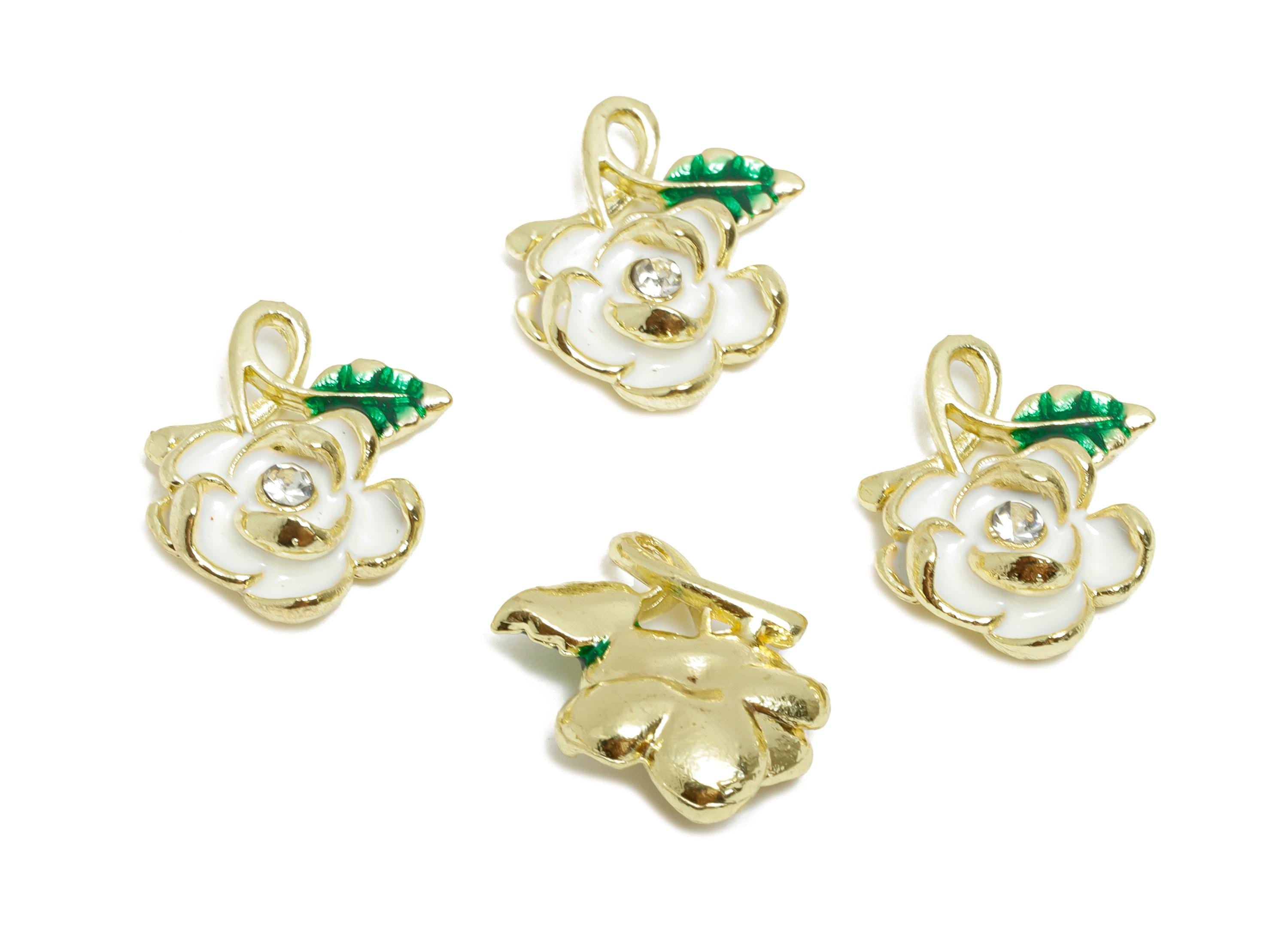 Alloy Enamel Flower Pendant - Vintage Crystal White Rose Charm - Romantic DIY Rose Jewelry - Craft Jewelry Making - 18x14.36x5.17mm - AC3571