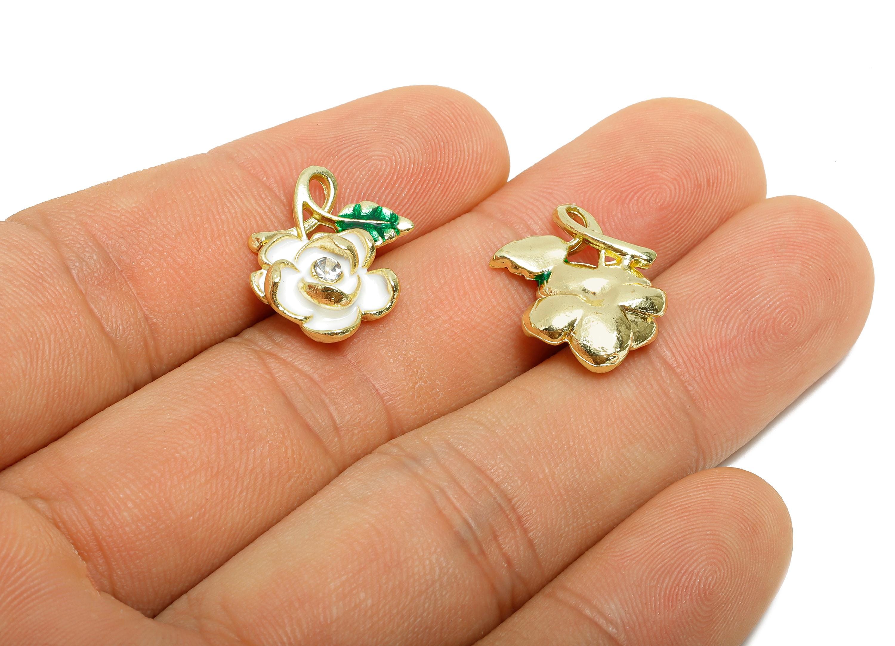 Alloy Enamel Flower Pendant - Vintage Crystal White Rose Charm - Romantic DIY Rose Jewelry - Craft Jewelry Making - 18x14.36x5.17mm - AC3571
