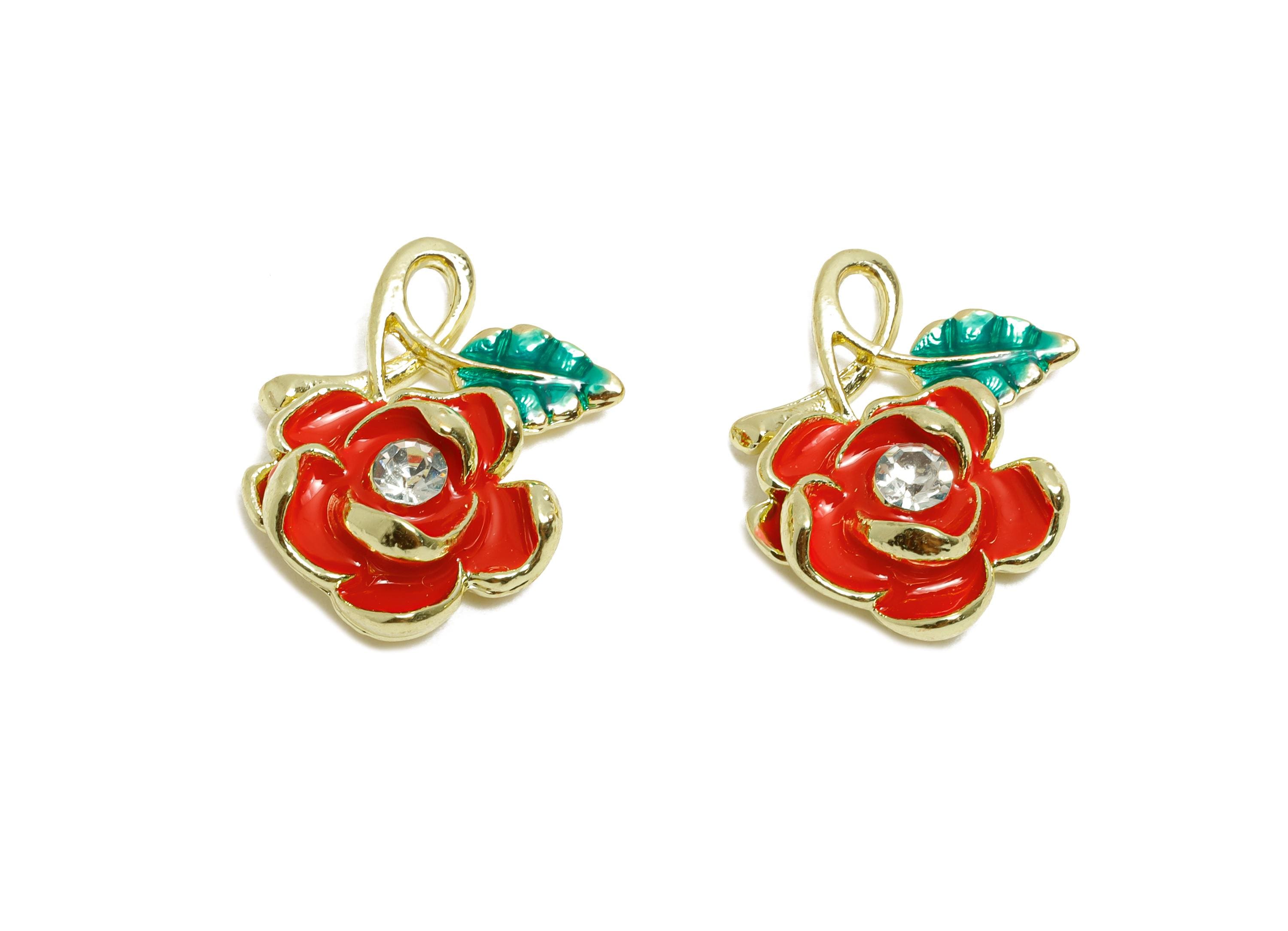 Alloy Enamel Flower Pendant - Vintage Crystal Red Rose Charm - Romantic DIY Rose Jewelry - Craft Jewelry Making - 18x14.36x5.17mm - AC3572