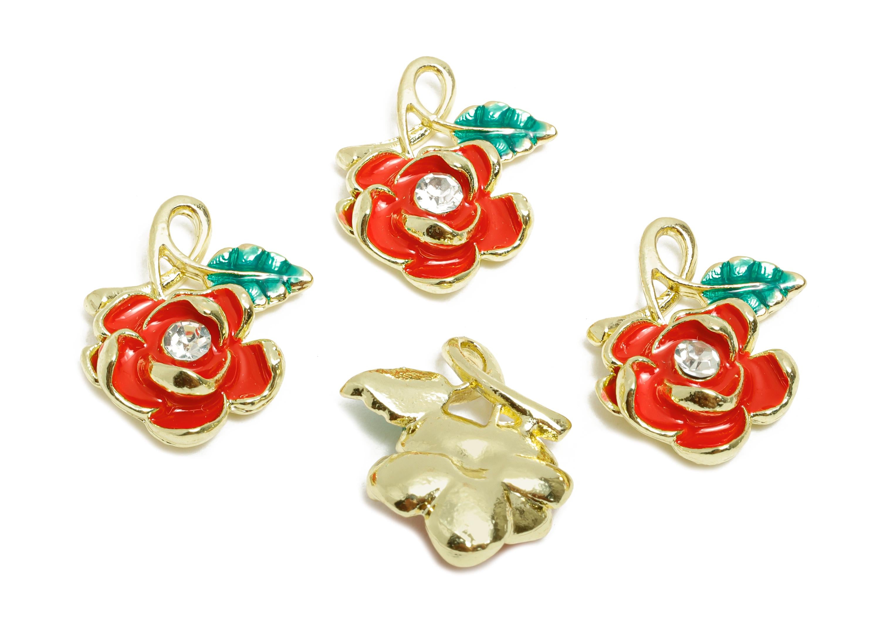 Alloy Enamel Flower Pendant - Vintage Crystal Red Rose Charm - Romantic DIY Rose Jewelry - Craft Jewelry Making - 18x14.36x5.17mm - AC3572
