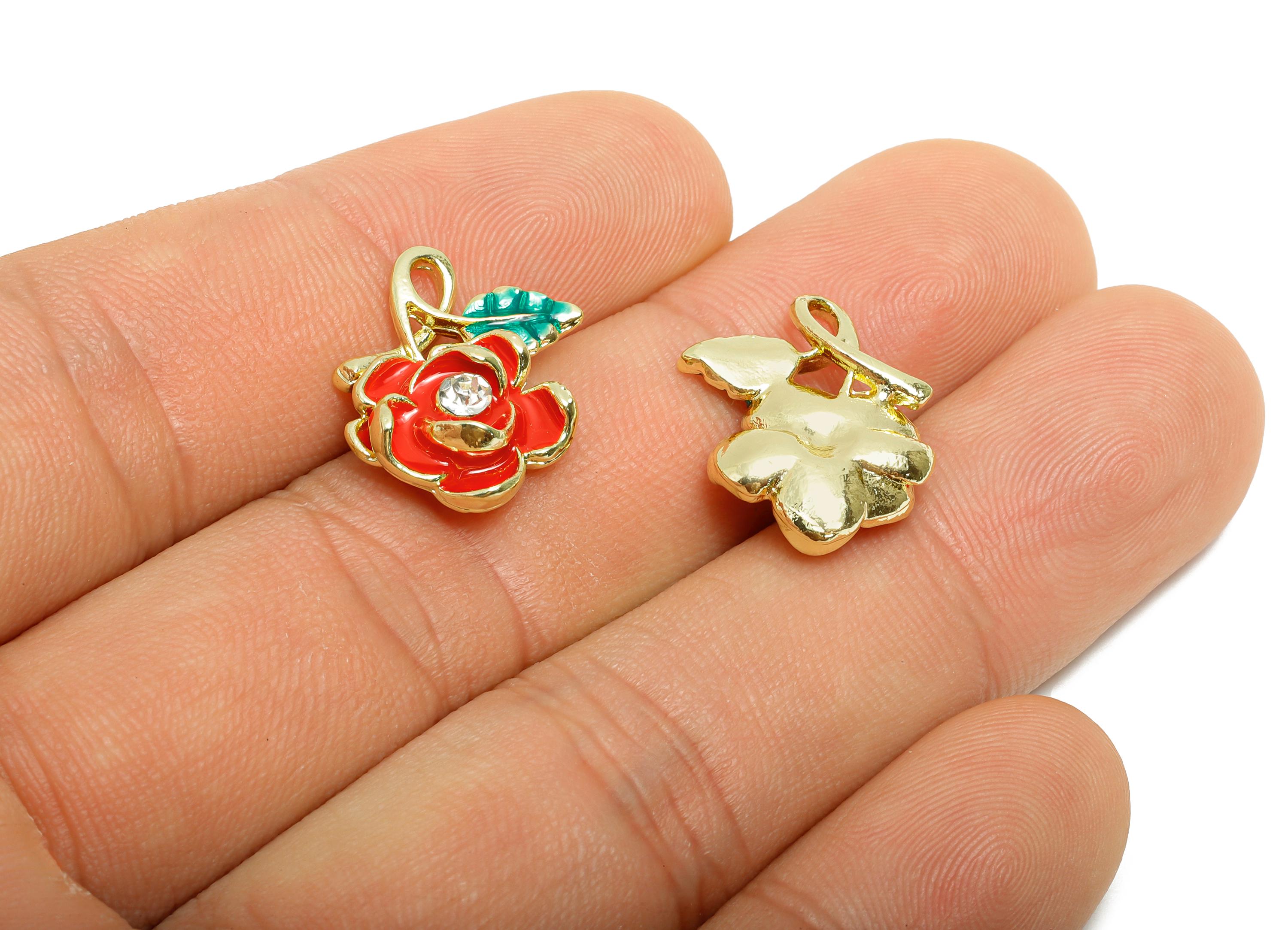 Alloy Enamel Flower Pendant - Vintage Crystal Red Rose Charm - Romantic DIY Rose Jewelry - Craft Jewelry Making - 18x14.36x5.17mm - AC3572