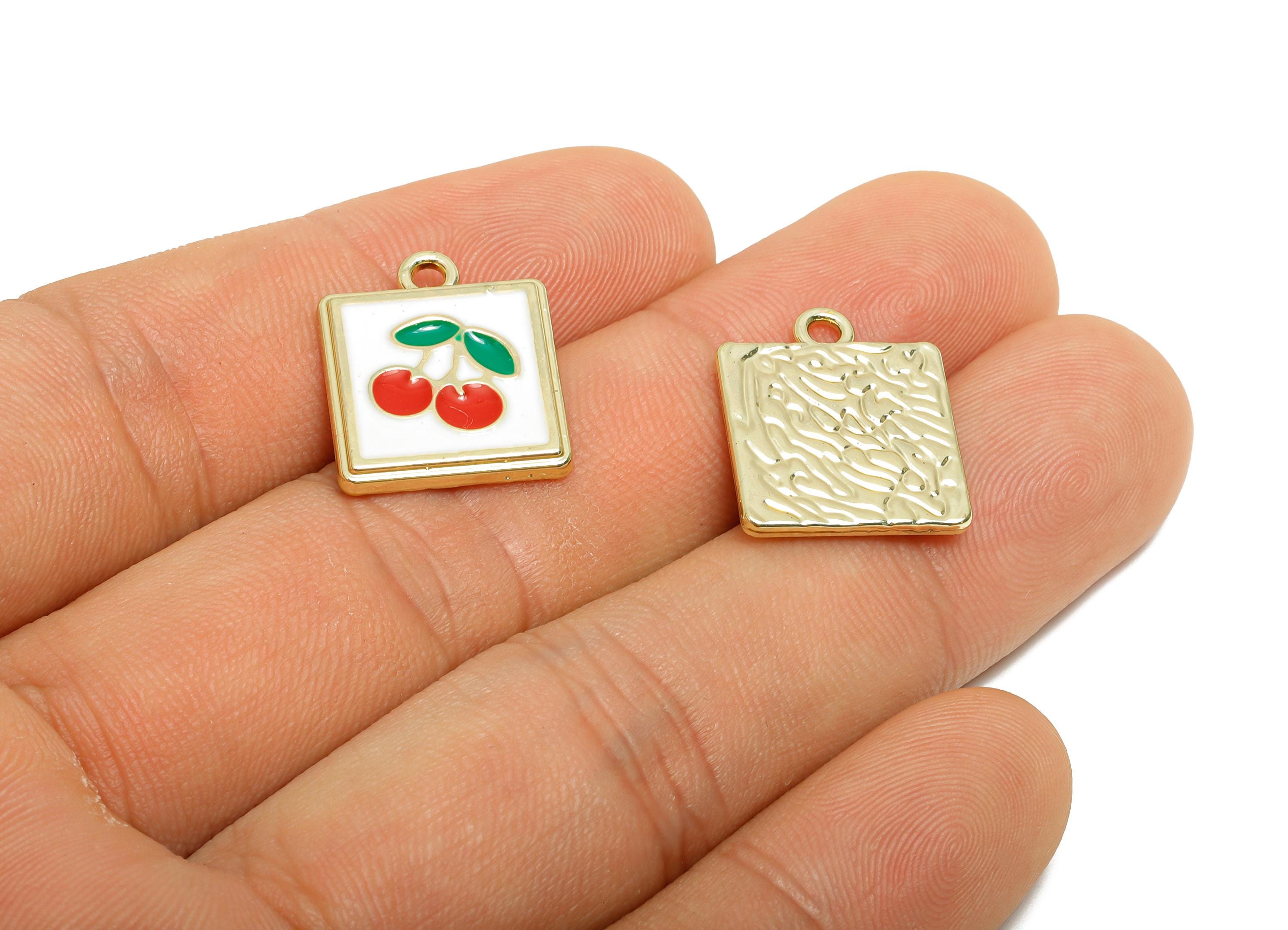 Alloy Cherry Square Charm - Cute Enamel Fruit Pendant - Enamel Jewelry Accessory - Metal Craft Supply - KC Gold Plated - 18x15x2mm - AC3573