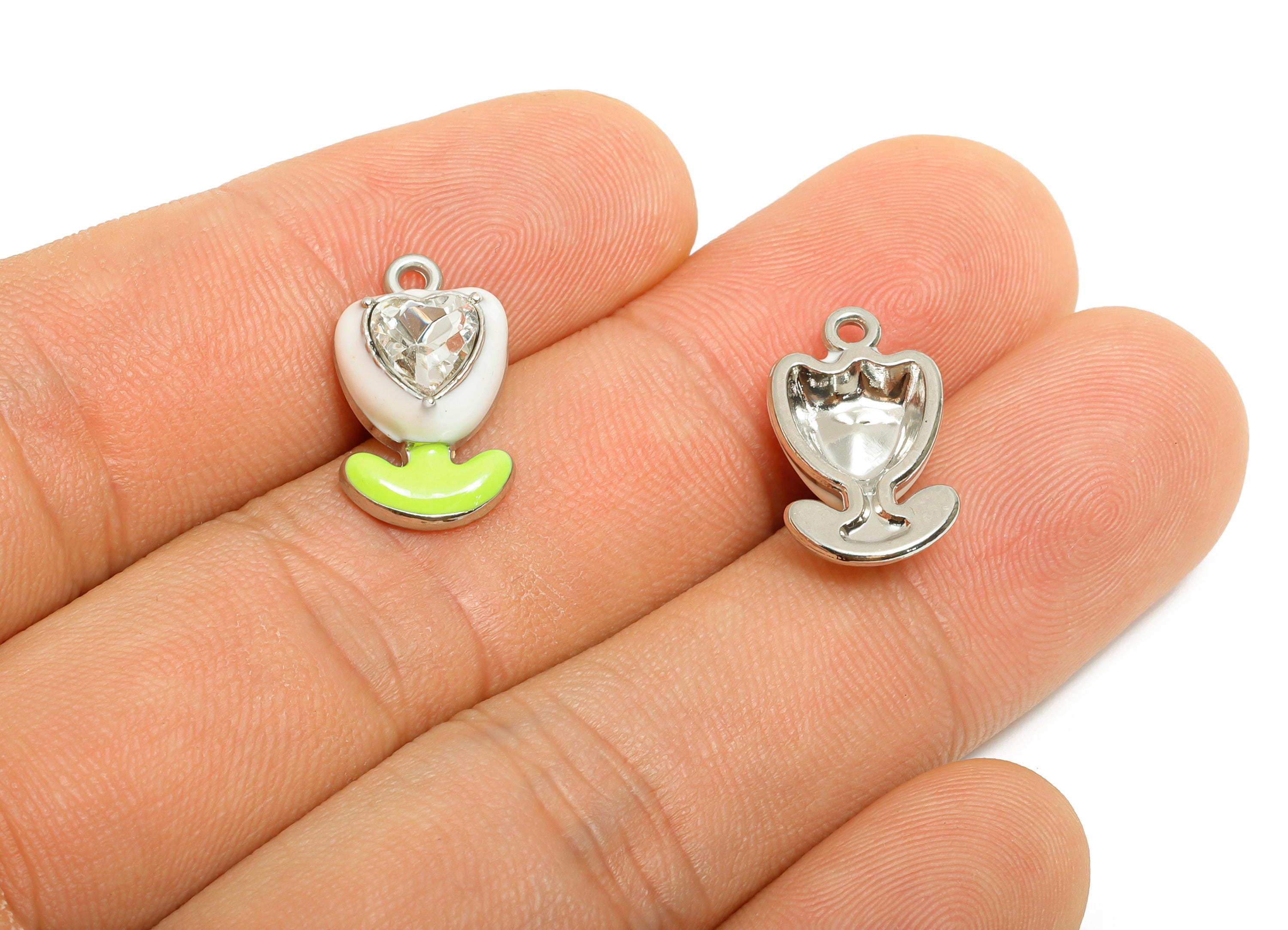 Alloy Heart Crystal Flower Charm - White Enamel Flower Pendant - Modern Kawaii Flower - Trendy Craft Jewelry Making - 17.43x9x5mm - AC3563