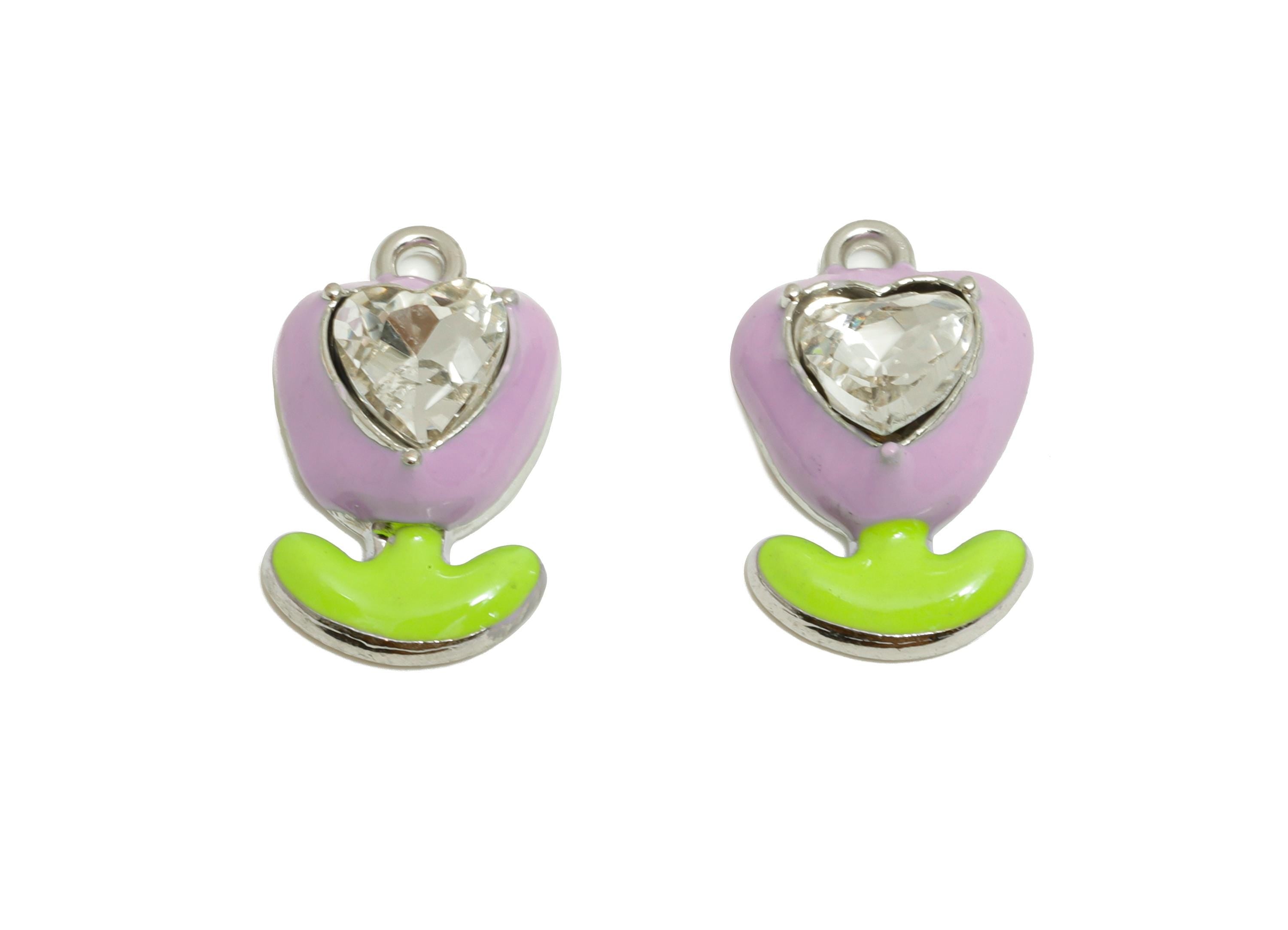 Alloy Heart Crystal Flower Charm - Purple Enamel Flower Pendant - Modern Kawaii Flower - Trendy Craft Jewelry Making - 17.43x9x5mm - AC3565