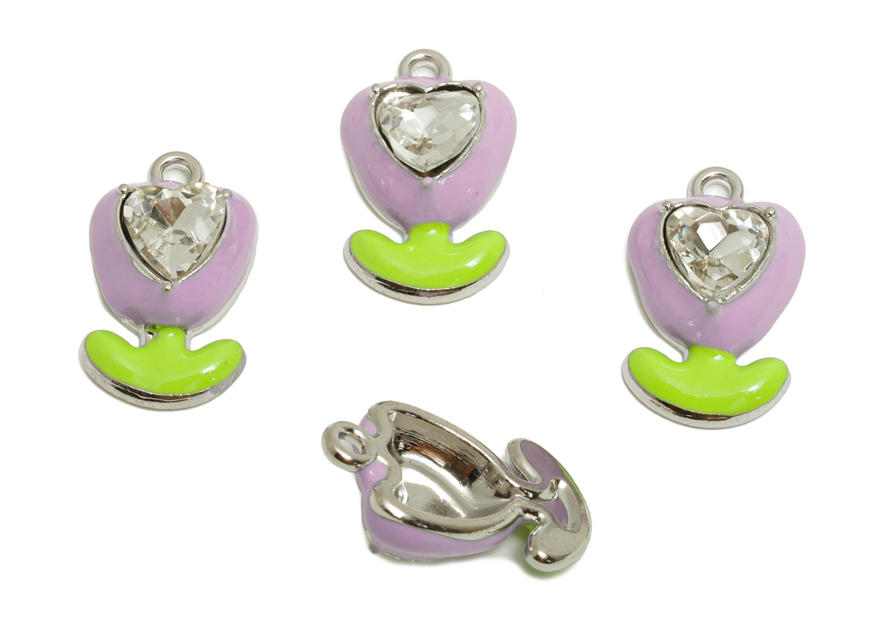 Alloy Heart Crystal Flower Charm - Purple Enamel Flower Pendant - Modern Kawaii Flower - Trendy Craft Jewelry Making - 17.43x9x5mm - AC3565