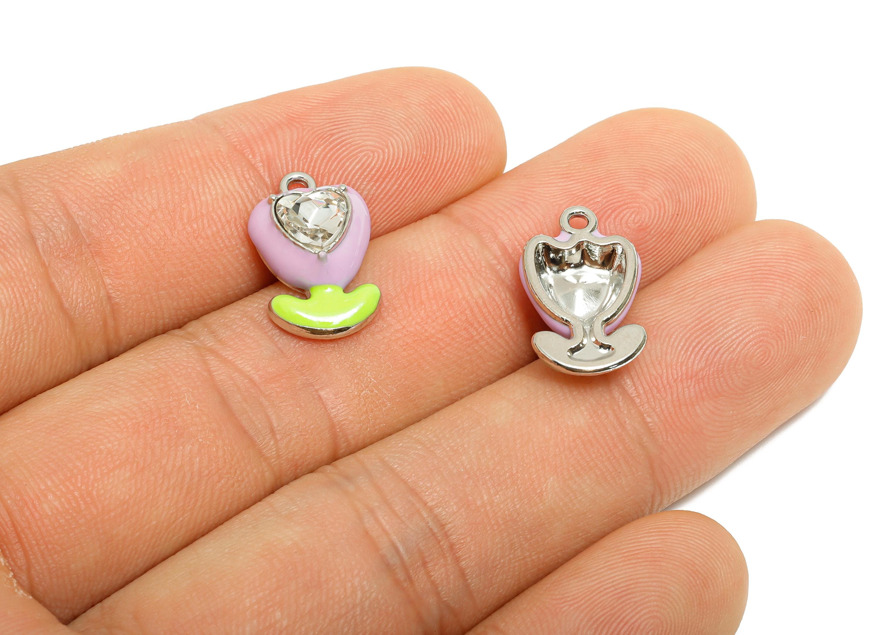 Alloy Heart Crystal Flower Charm - Purple Enamel Flower Pendant - Modern Kawaii Flower - Trendy Craft Jewelry Making - 17.43x9x5mm - AC3565