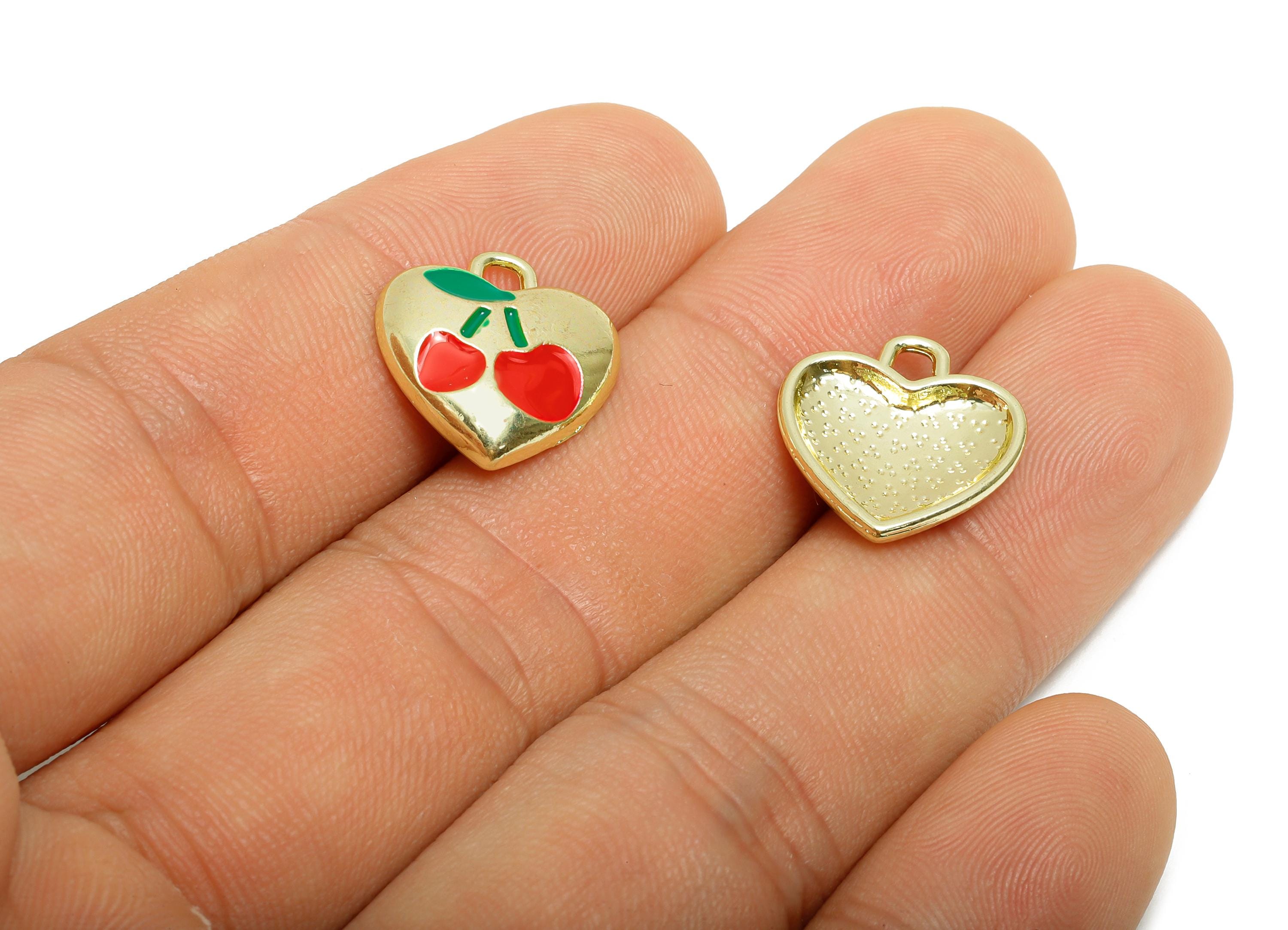 Alloy Enamel Cherry Pendant - Colorful Heart Fruit Jewelry Charm - Refined Heart Pendant - Craft Jewelry Making - 16.1x15.2x2.8mm - AC3575