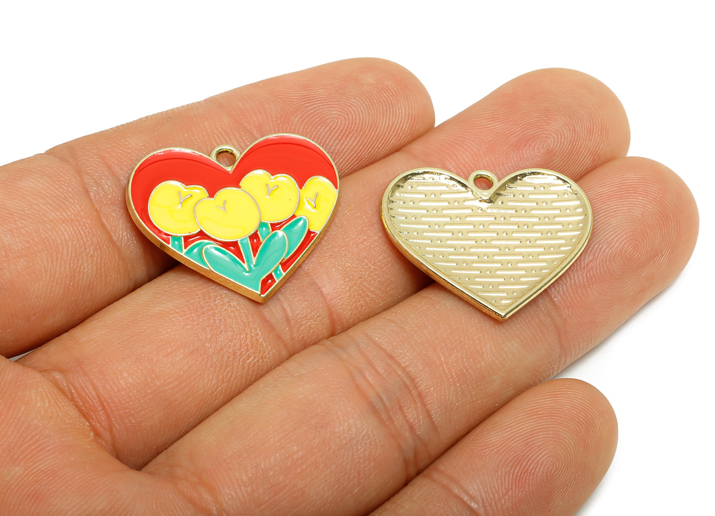 Alloy Enamel Flower Pendant - Colorful Heart Tulip Jewelry Design - Multicolor Enamel Component - DIY Craft Making - 25x21x2mm - AC3549 - DOMEDBAZAAR