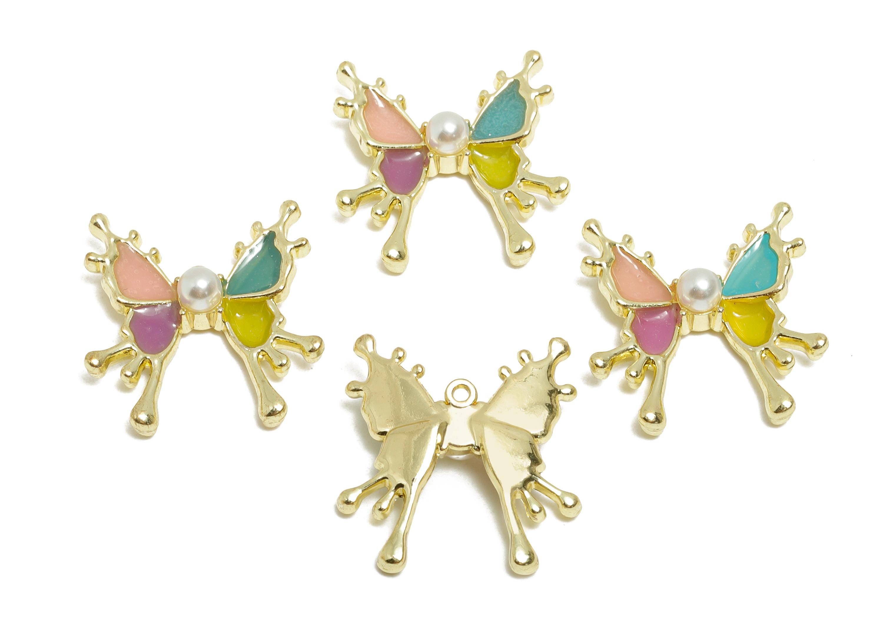 Alloy Enamel Butterfly Pendant - Rainbow ABS Imitation Pearls Wing Jewelry - Whimsical Craft Supply - KC Gold Plating - 22x21x6mm - AC3551