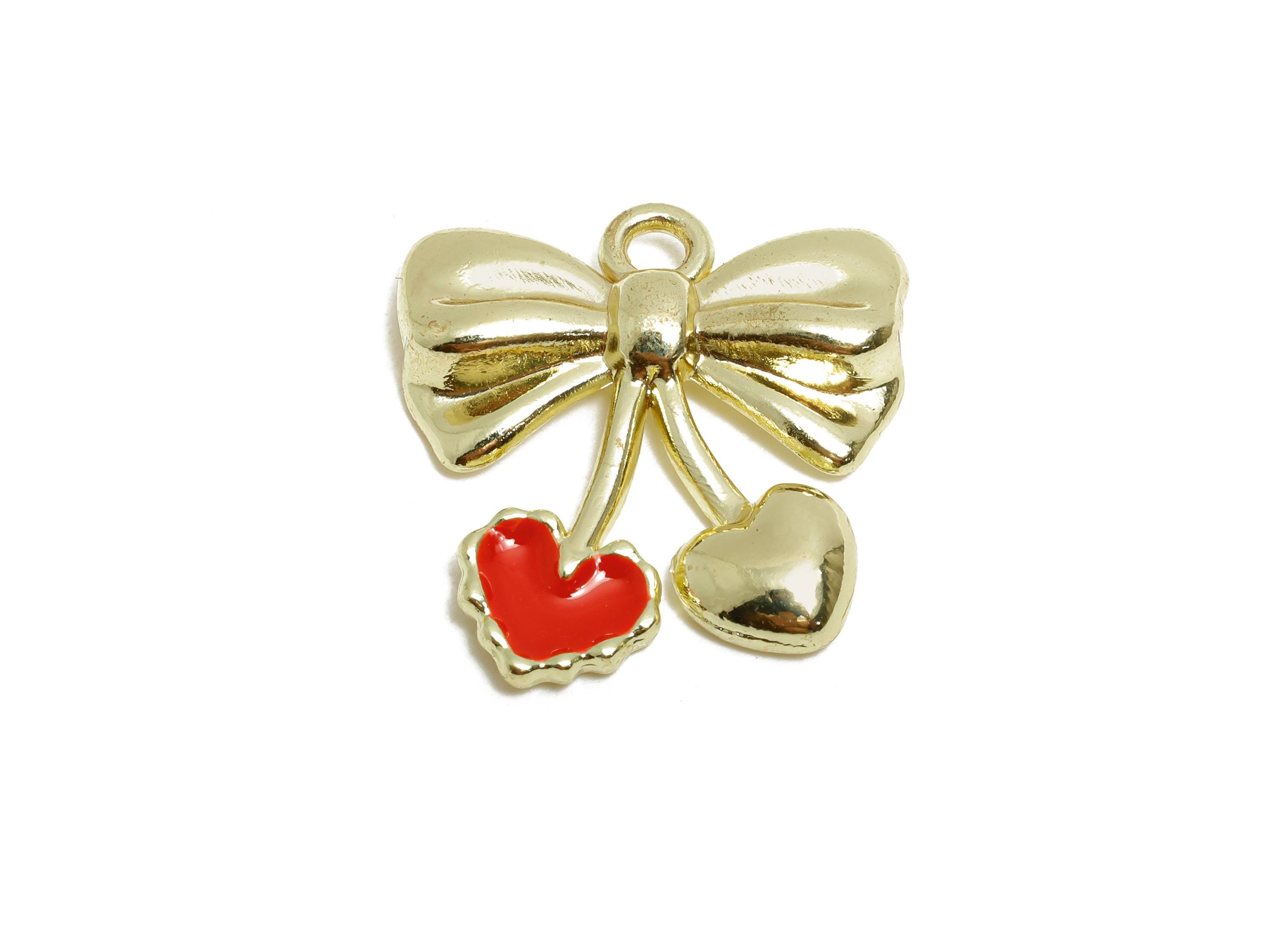 Alloy Enamel Red Bow Heart Charm - Red Enamel Heart Charm -Cute Valentine Butterfly Bow For Necklace - DIY Craft Making - 19x21x2mm - AC3550 - DOMEDBAZAAR