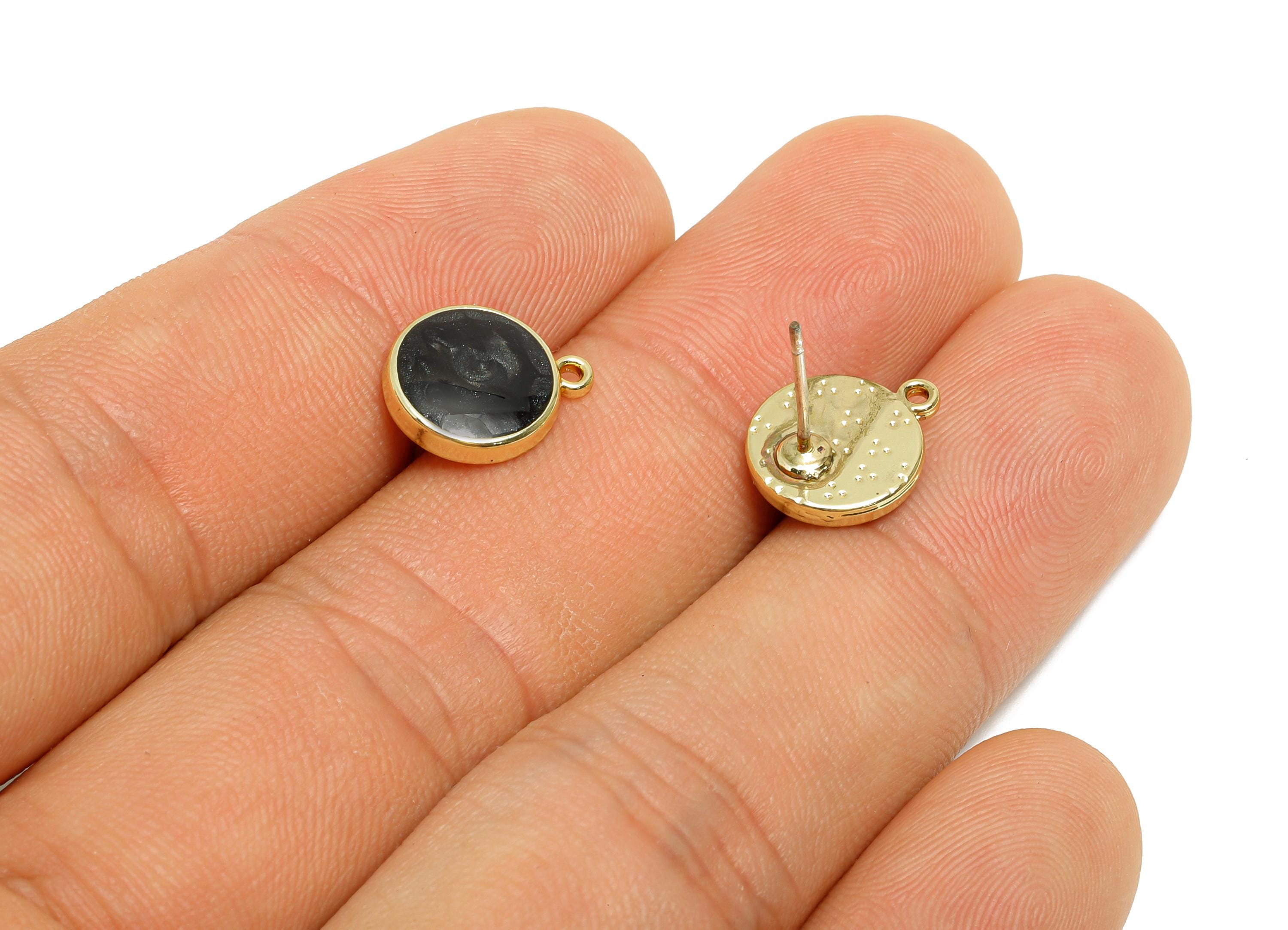 Alloy Enamel Earring Studs - Modern Black Round Psot with Loop - Minimalist Stud Earring Base - KC Gold Tone Plated - 12.5x10x3mm - AC3556 - DOMEDBAZAAR