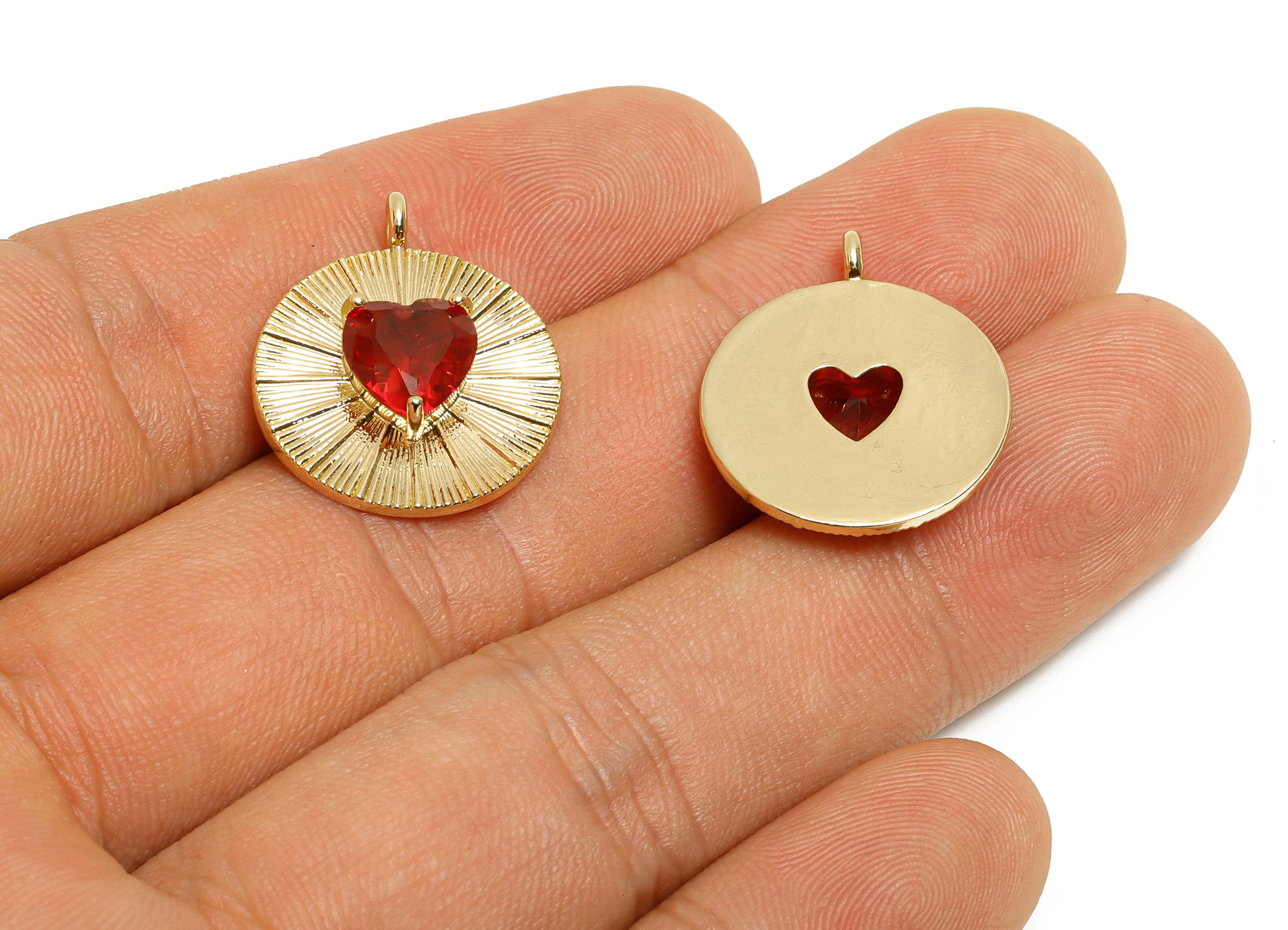 Brass Heart Round Pendant - Zircon Geometry Textured Metal Pendant - Valentine's Day Jewelry - KC Gold Tone Plating - 22x18x5.28mm - AC3443 - DOMEDBAZAAR