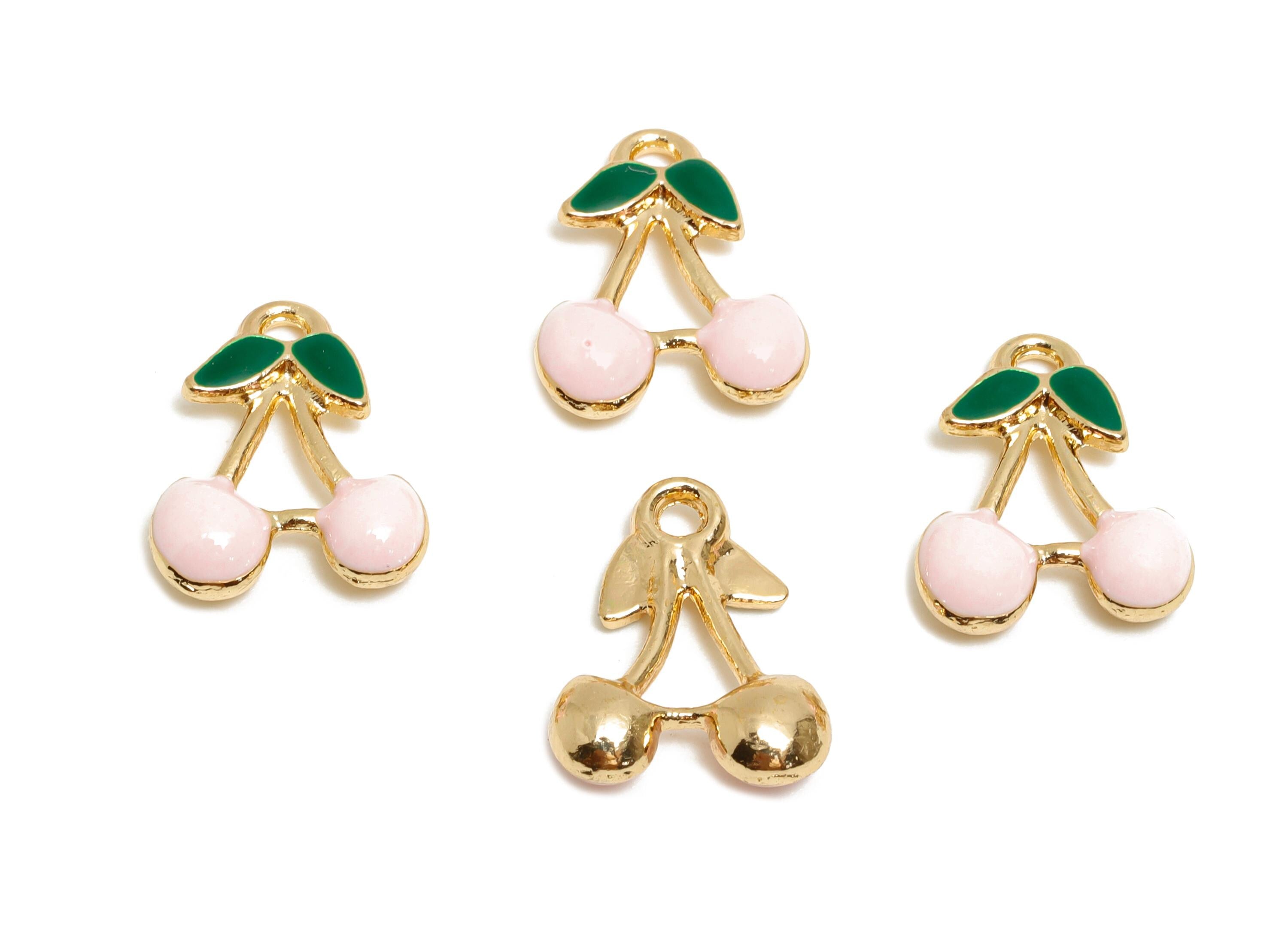 Alloy Pink Enamel Cherry Pendant - Kawaii Cherry Charm for Necklace - Enamel Fruit Accessory - Craft Jewelry Making - 15x11.8x4mm - AC3473A