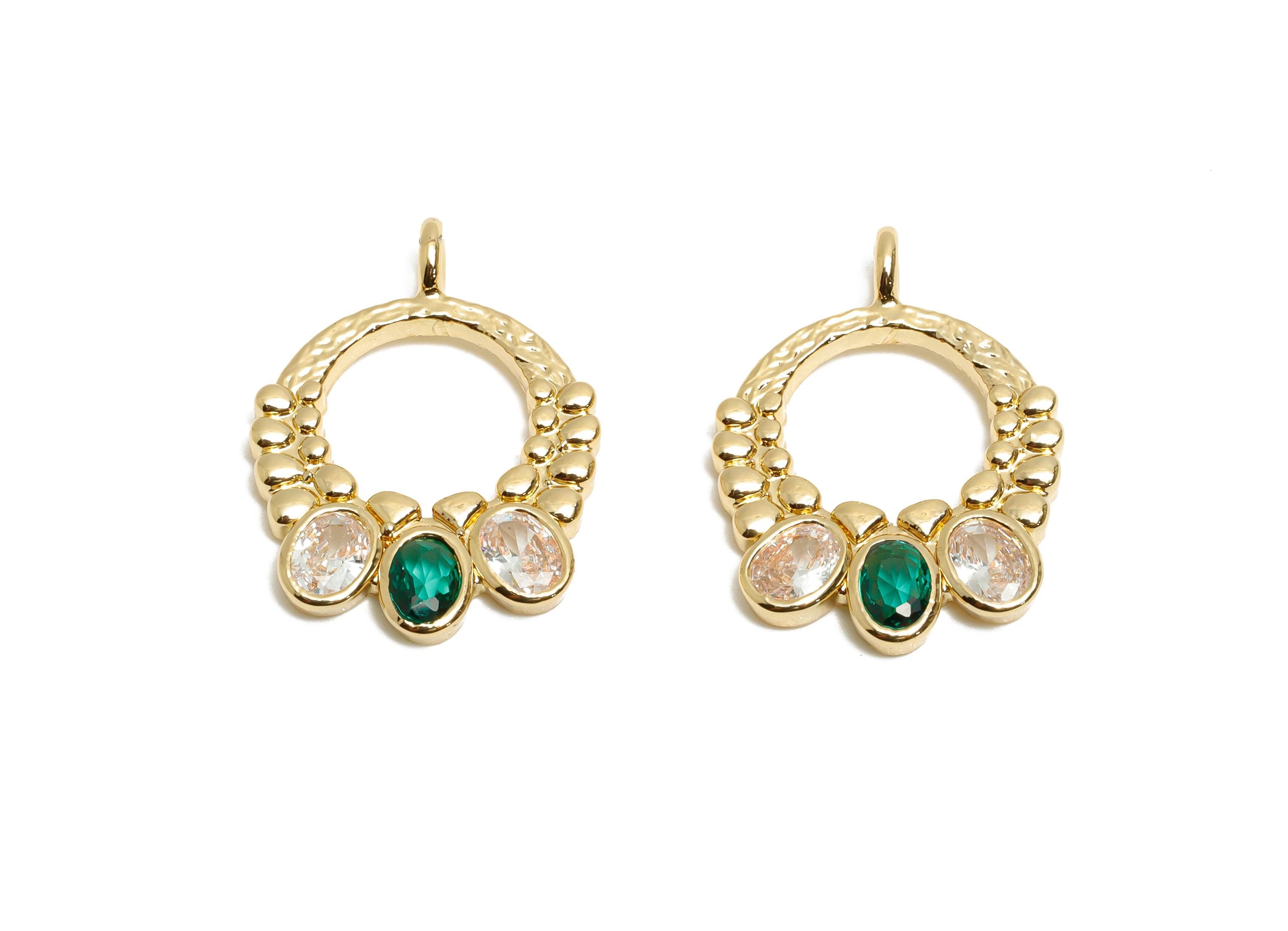 Brass CZ Circle Pendant - Zircon Geometry Jewelry Charm - Sparkling Gemstone Craft Supply Charm - KC Gold Tone Plating - 19x14x3mm - AC3441 - DOMEDBAZAAR