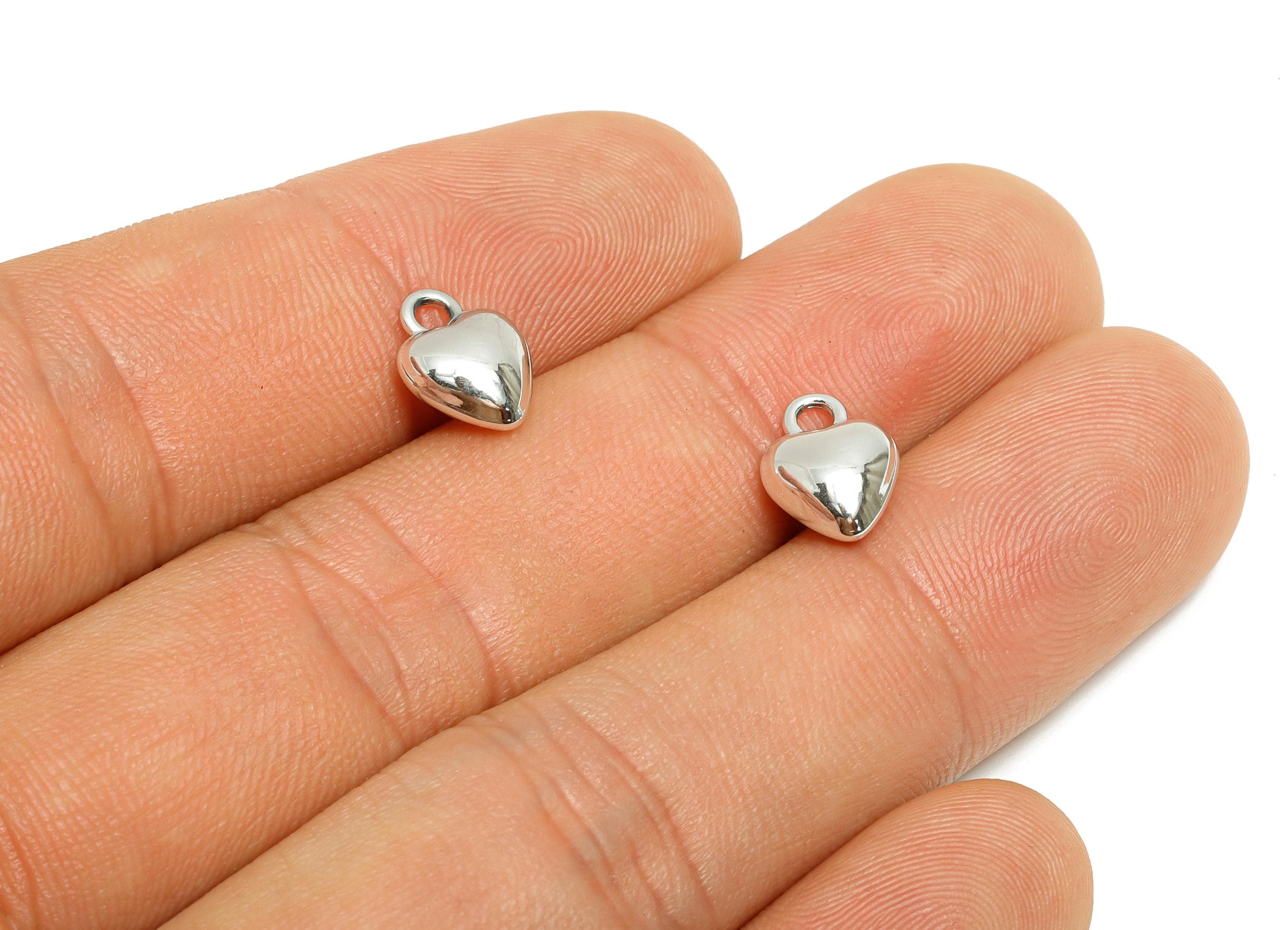 Alloy Heart Earring Charm - Shiny Metallic Silver Heart Pendant - Symbol of Love Jewelry Supply - Silver Tone Plated - 10x7.5x4mm - AC3471A - DOMEDBAZAAR