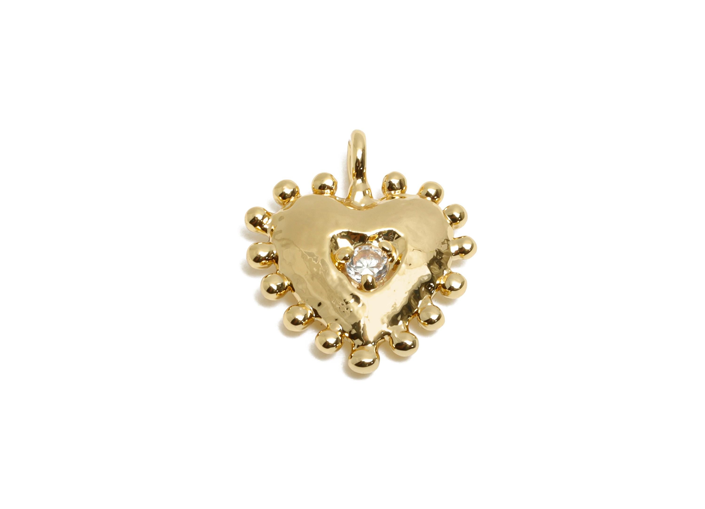 Brass CZ Vintage Heart Pendant - Zircon Beaded Romantic Pendant - Valentine's Day Jewelry - KC Gold Tone Plating - 14x12.45x2.9mm - AC3440 - DOMEDBAZAAR