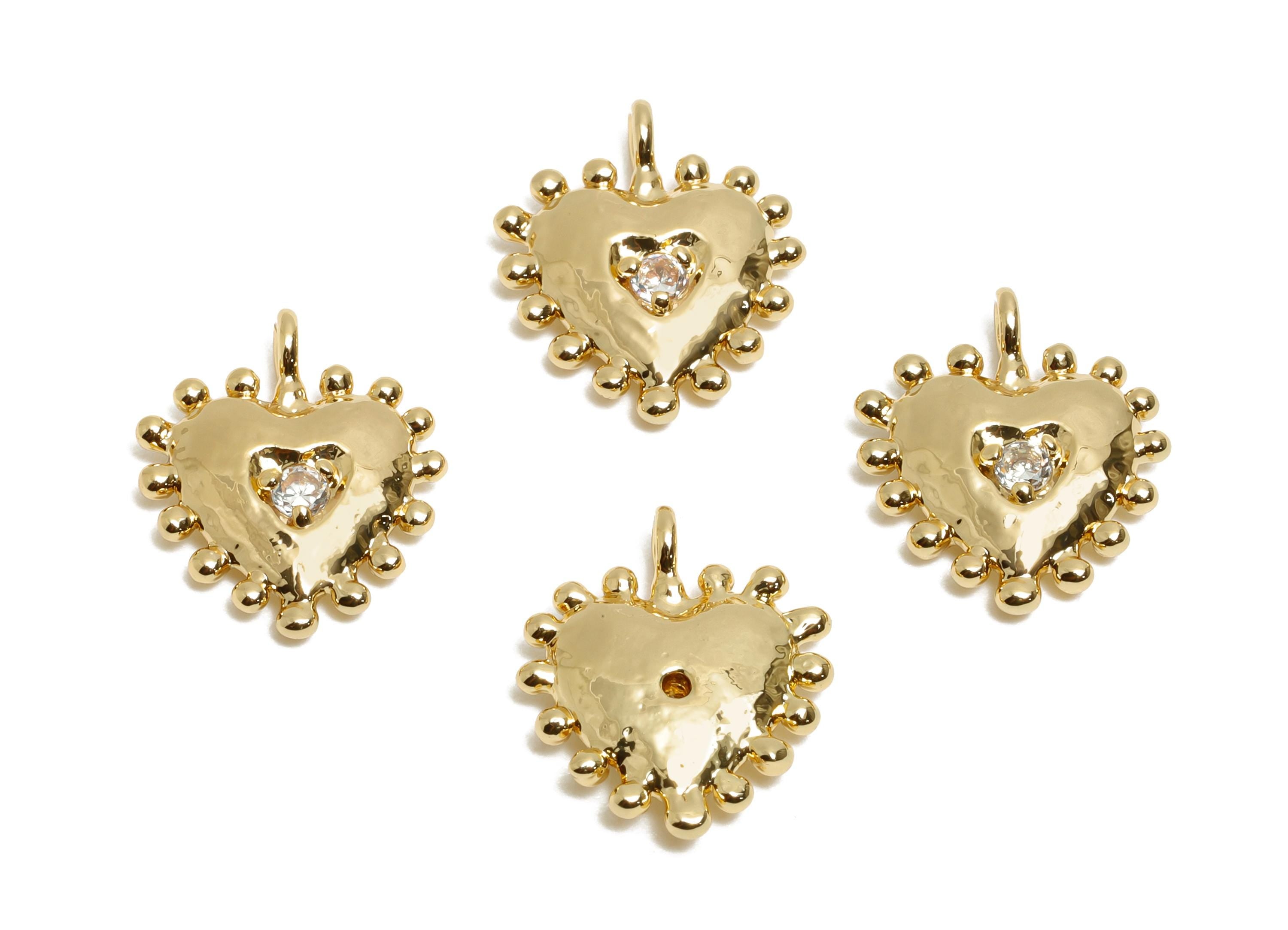 Brass CZ Vintage Heart Pendant - Zircon Beaded Romantic Pendant - Valentine's Day Jewelry - KC Gold Tone Plating - 14x12.45x2.9mm - AC3440 - DOMEDBAZAAR