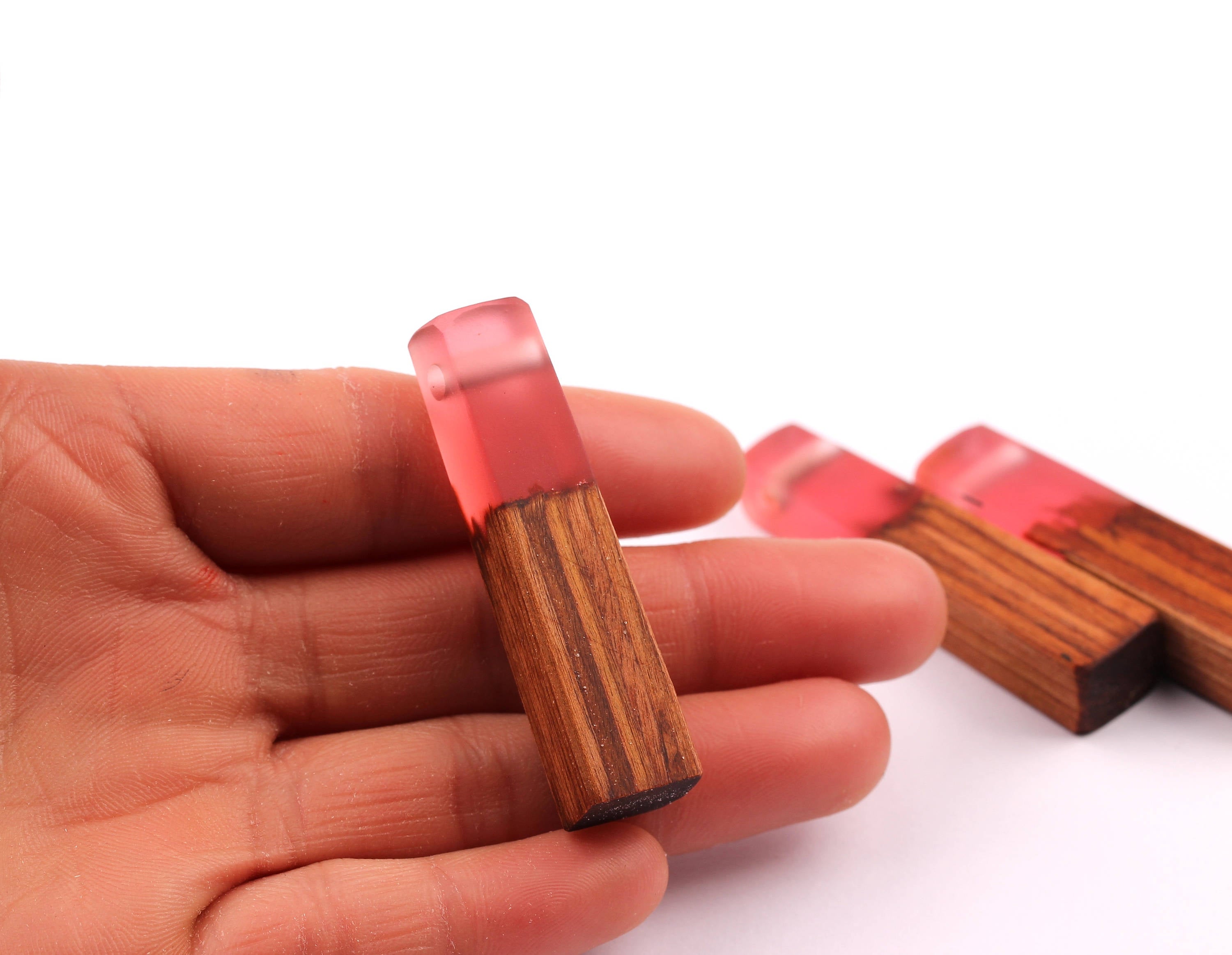 Wood Resin Pendant - Natural Mahogany Wooden Charms - Pink Epoxy Resin Necklace - Jewelry Supplies - Wooden Beads - 49x10x12mm - BB1021MP - DOMEDBAZAAR
