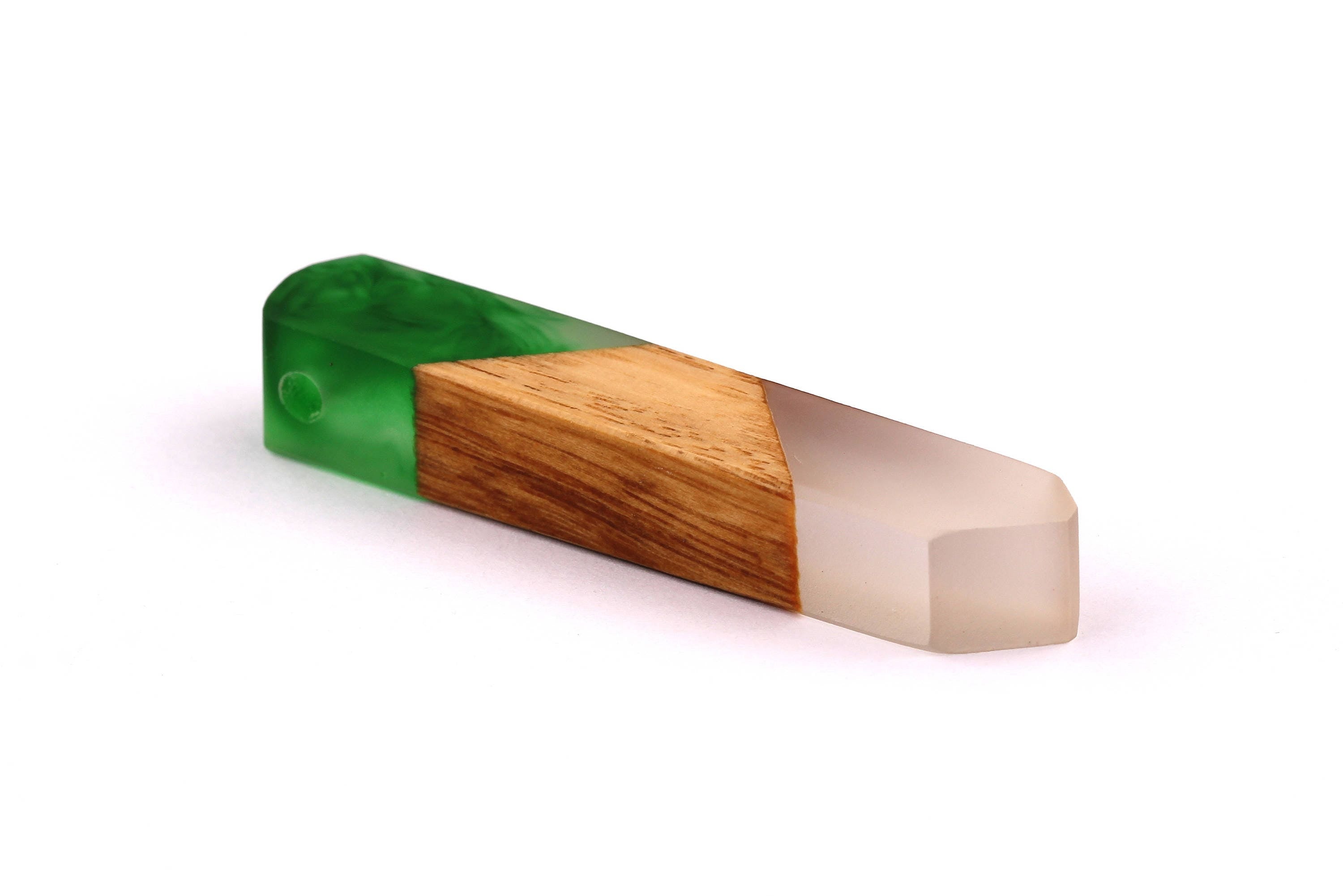 Wood Resin Pendant - Natural Mahogany Wooden Charms - Green & White Epoxy Resin Necklace - Jewelry Supplies - Beads - 60x10x11mm - BB1019G - DOMEDBAZAAR