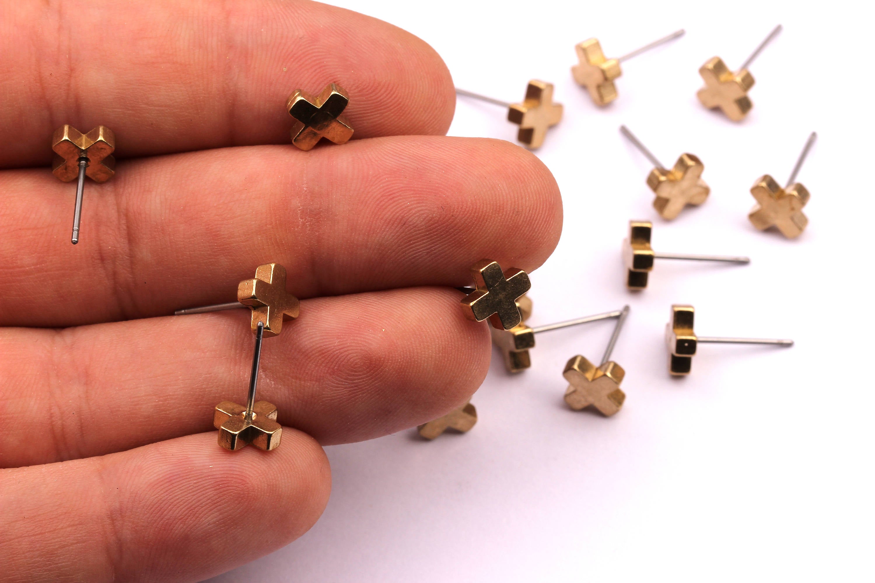 Cross Stud - Raw Brass Cross Pad - Stainless Steel Earring Posts - Ear Studs - Jewelry Supplies for Earrings - 8x12mm PP1008 - DOMEDBAZAAR