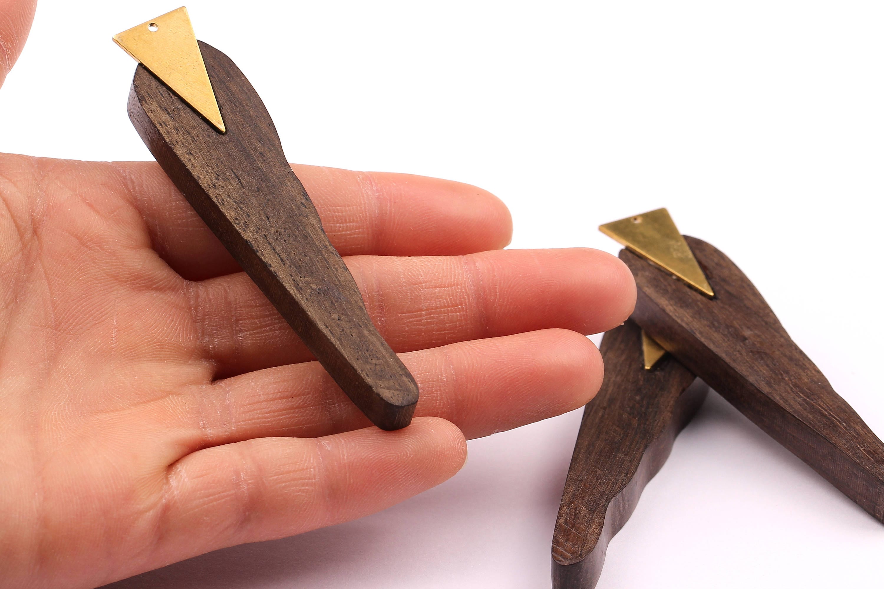 Monzo Wood Pendant - Natural Wooden Charms for Necklace - Raw Brass - Jewelry Supplies - Wooden Beads - 75x17x8mm - BB1012 - DOMEDBAZAAR
