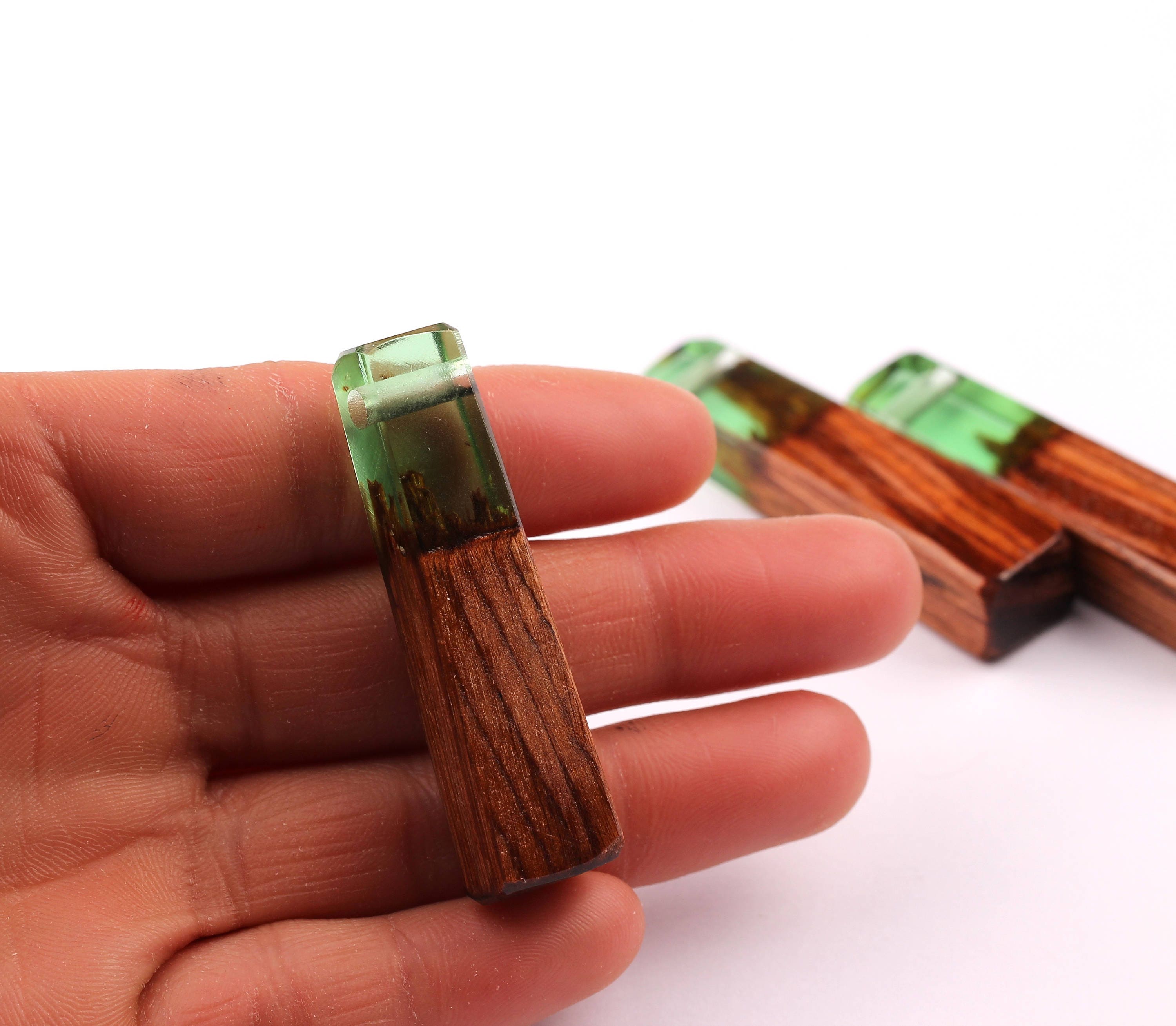 Wood Resin Pendant - Natural Mahogany Wooden Charms - Green Epoxy Resin Necklace - Jewelry Supplies - Wooden Beads - 49x10x12mm - BB1021SG - DOMEDBAZAAR