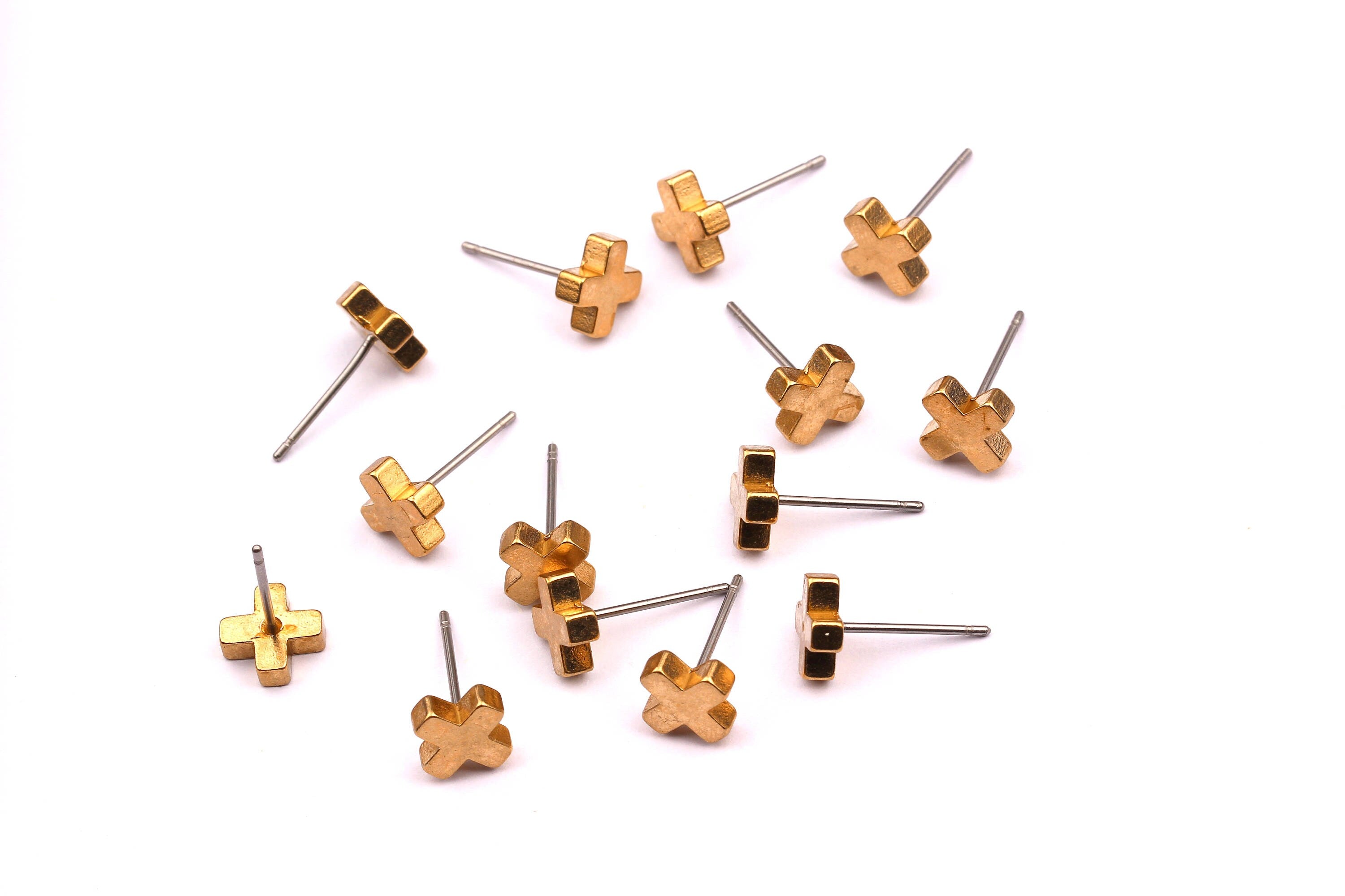 Cross Stud - Raw Brass Cross Pad - Stainless Steel Earring Posts - Ear Studs - Jewelry Supplies for Earrings - 8x12mm PP1008 - DOMEDBAZAAR