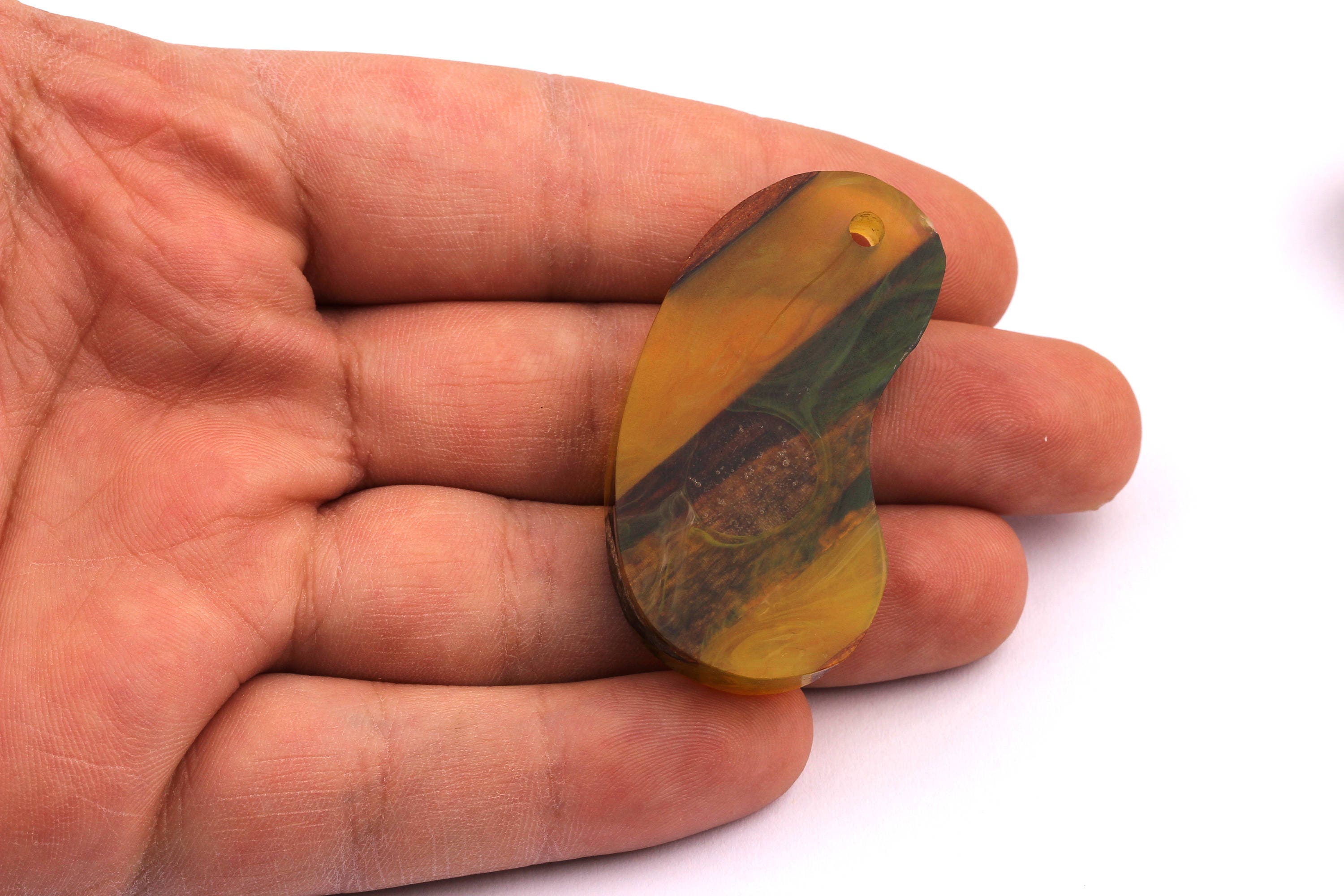 Wood Resin Pendant - Natural Mahogany Wooden Charms - Yellow Epoxy Resin Necklace - Bean Shaped - Wooden Beads - 46x24x10 - BB1029Y - DOMEDBAZAAR