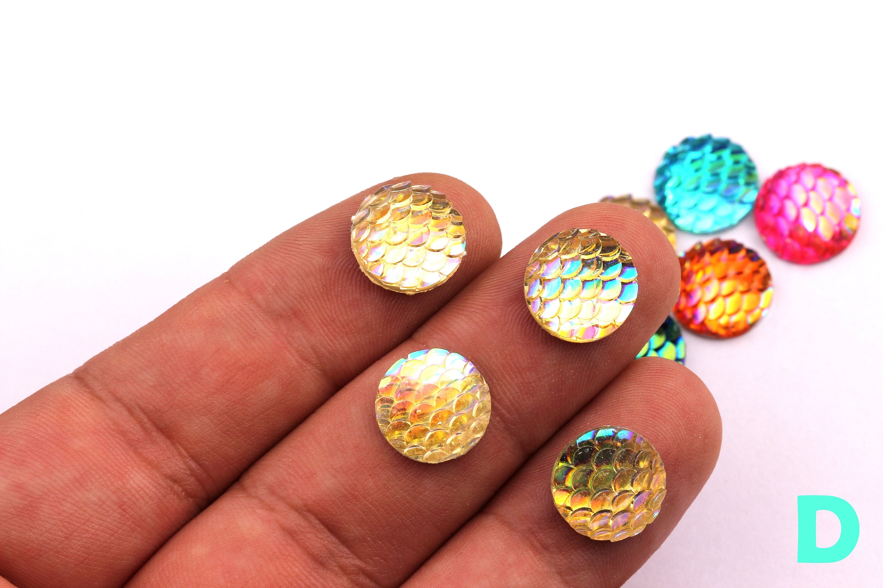 Mermaid Cabochons - Iridescent Fishscale Cabochons - Yellow Cabochons - Fish Scale - Jewelry Supplies - 12mm - CB1003D - DOMEDBAZAAR