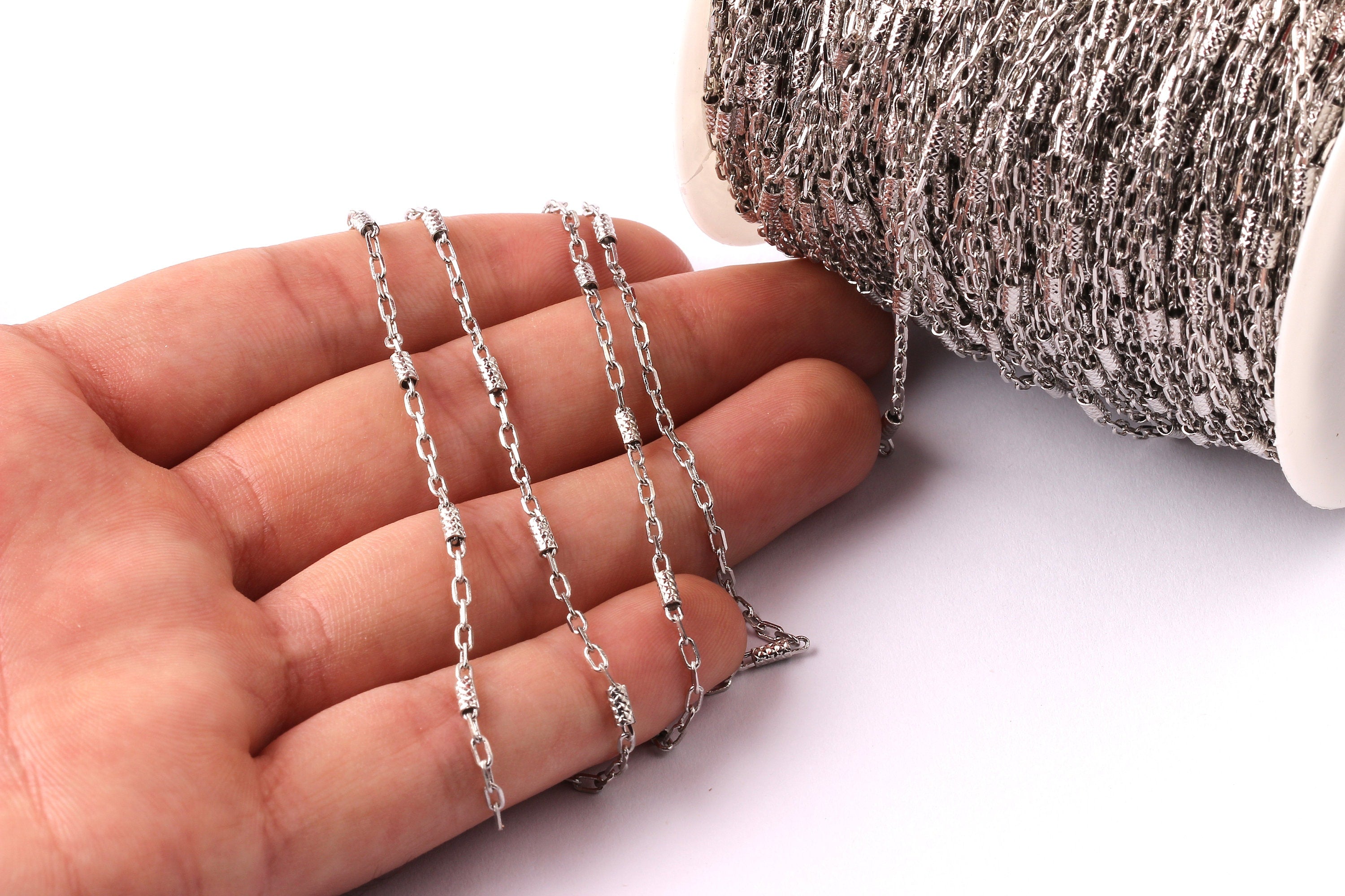 Bar Satellite Cable Chain - Brass Chain- Silver Plated - Soldered - 0.14" x 0.08" x 0.02" - for Necklace Bracelet Jewellery Making - CC1003 - DOMEDBAZAAR
