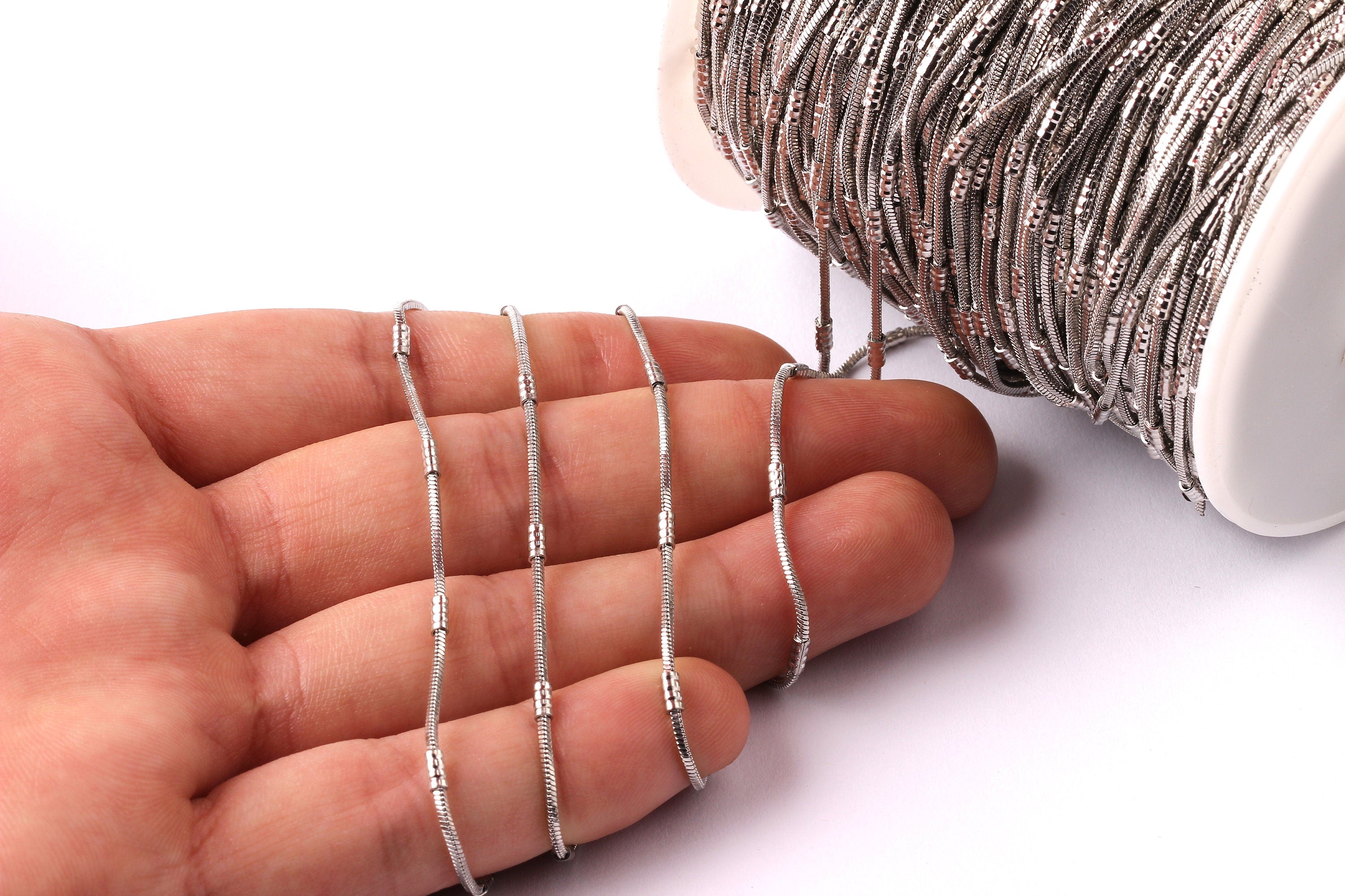 Bar Satellite Cube Snake Chain -Brass Chain- Silver Plated - Soldered - 0.05" - for Necklace Bracelet Earing Jewellery Making - CC1007 - DOMEDBAZAAR