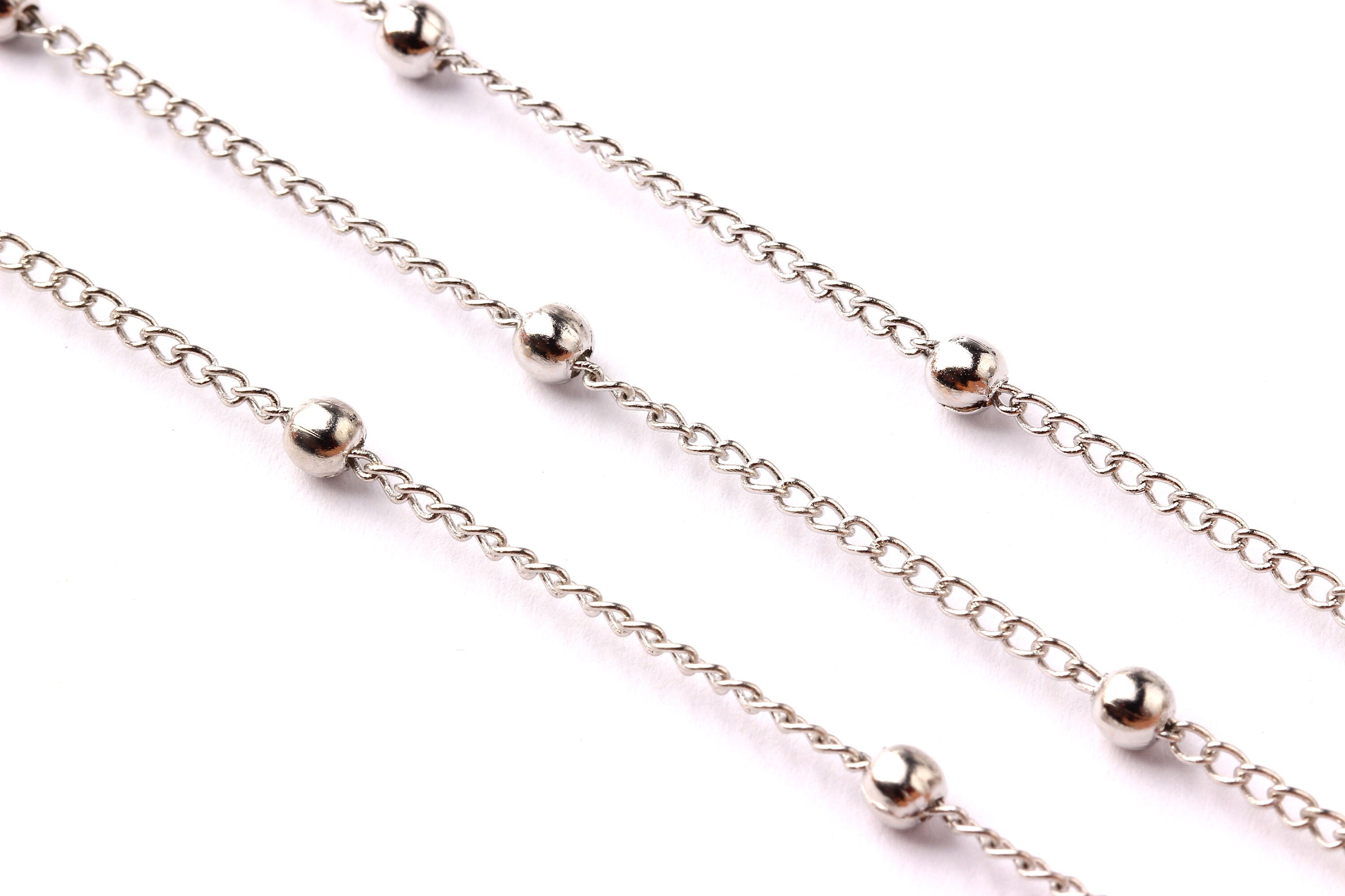 Ball Satellite Curb Chain - Iron Chain- Silver Plated - Soldered - 0.07" x 0.05" x 0.01" - for Necklace Bracelet Jewellery Making - CC1014 - DOMEDBAZAAR
