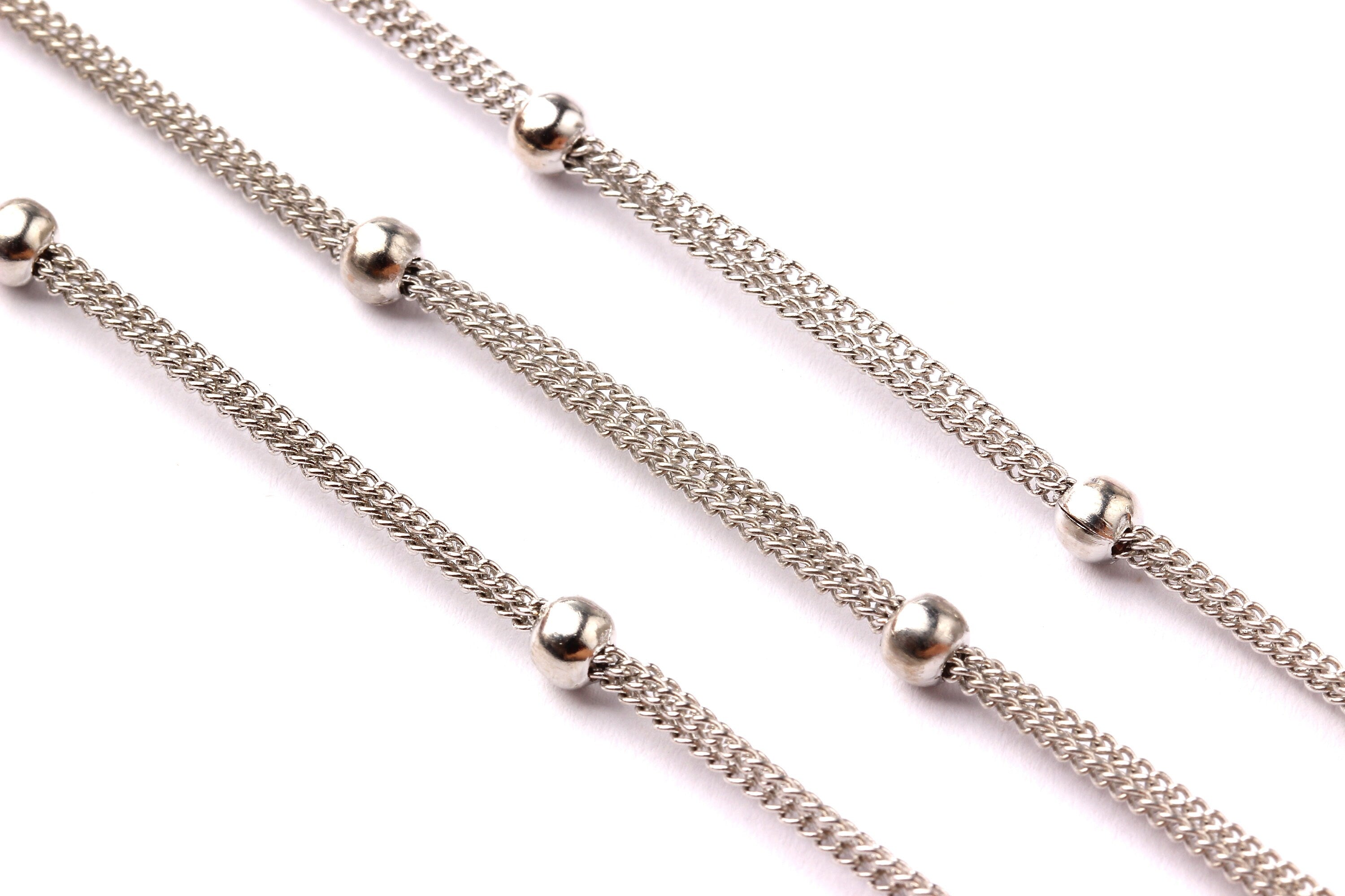 Ball Satellite Triple Curb Chain - Iron Chain- Silver Plated - Soldered - 0.07" x 0.05" x 0.01" - for Necklace Jewellery Making - CC1018 - DOMEDBAZAAR