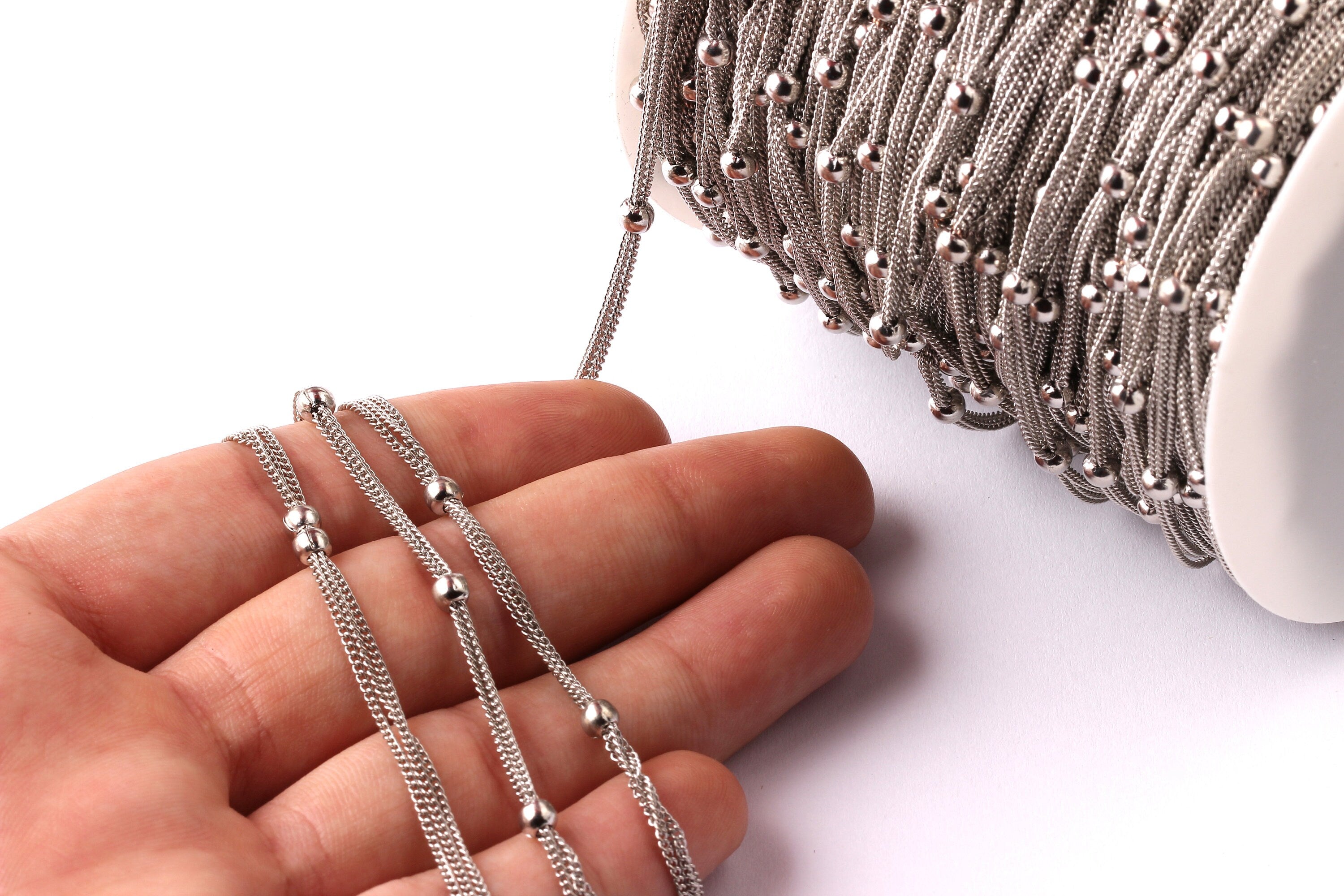 Ball Satellite Triple Curb Chain - Iron Chain- Silver Plated - Soldered - 0.07" x 0.05" x 0.01" - for Necklace Jewellery Making - CC1018 - DOMEDBAZAAR