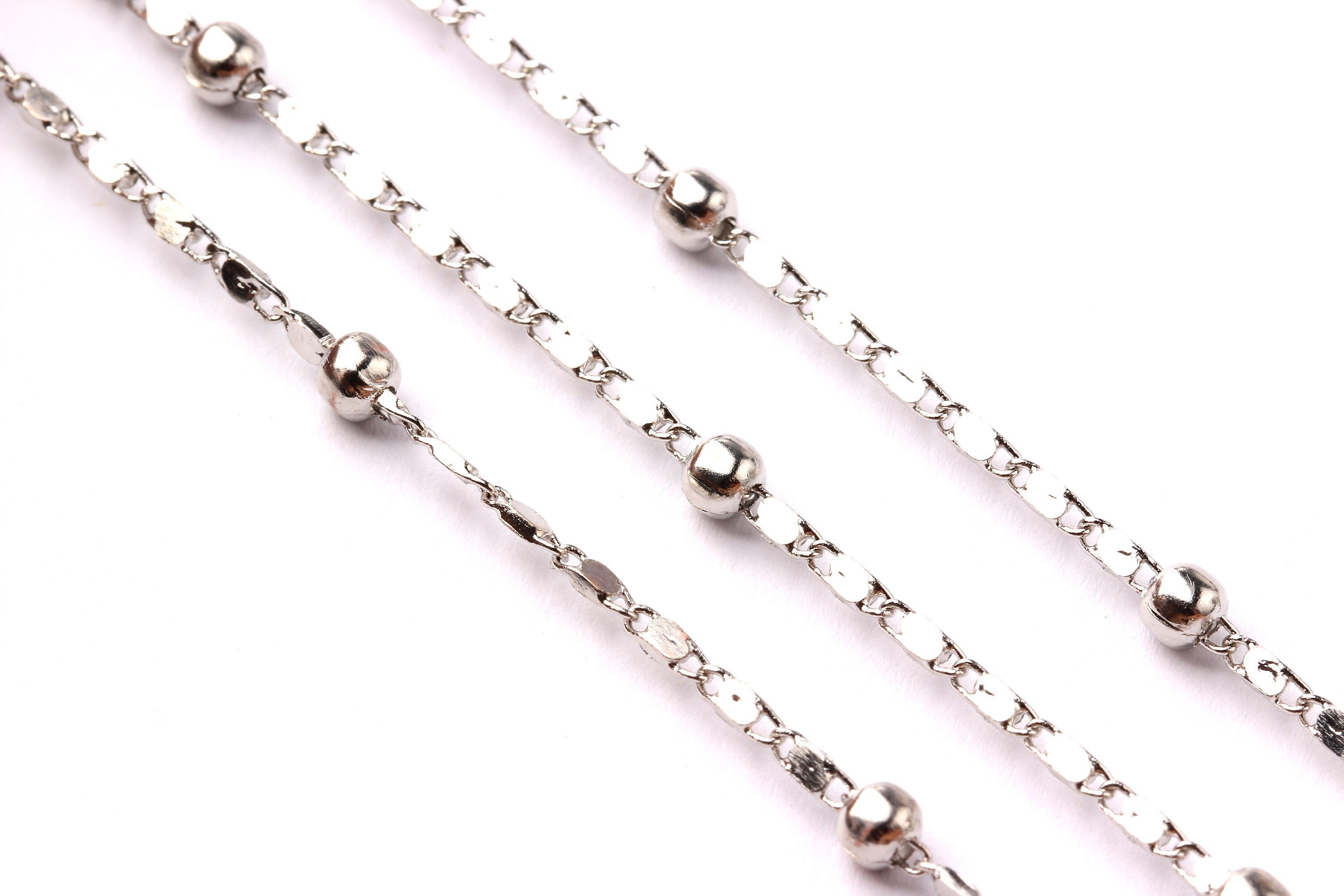 Ball Satellite Bar Chain - Brass Chain- Silver Plated - Soldered - 0.19" x 0.07" x 0.03"- for Necklace Bracelet Jewellery Making - CC1023 - DOMEDBAZAAR